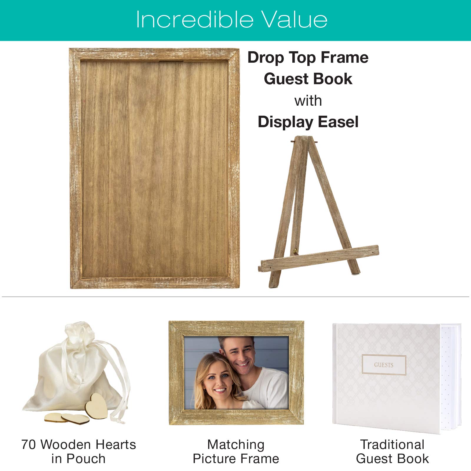 EXCELLO GLOBAL PRODUCTS Hochzeitsgästebuch, Alternative zu 70 leeren Holzherzen, traditionellem Gästebuch, Bilderrahmen und Staffelei (rustikales braunes Holz)