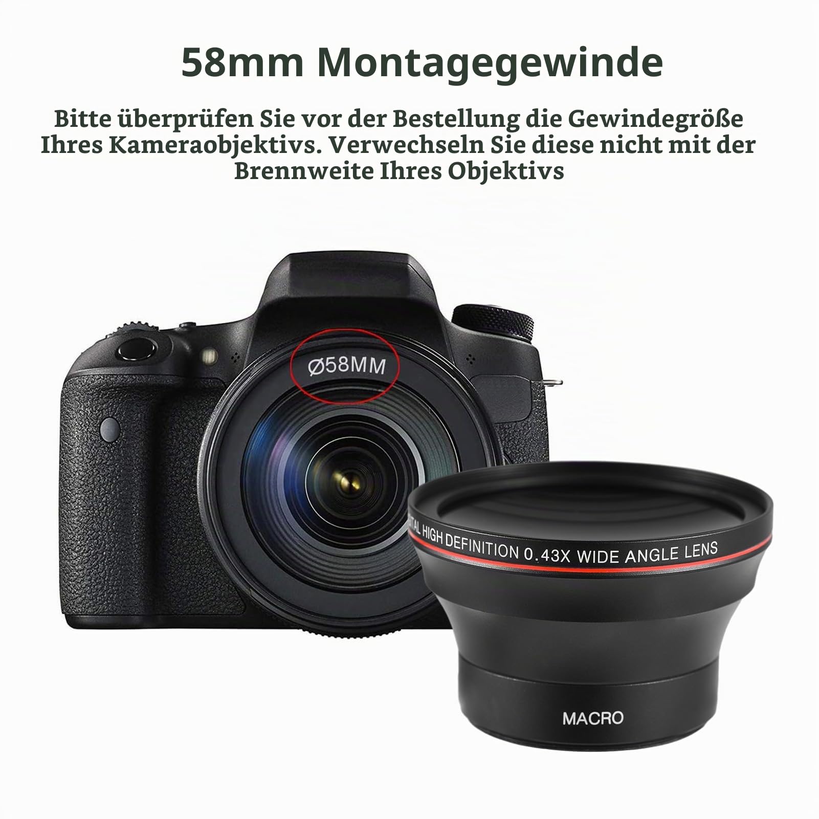 Andoer 58mm-Kameraobjektiv-Set mit 0,43X Weitwinkelobjektiv, Makroobjektiv, DSLR-Kameraobjektiv für Canon EOS 70D/77D/80D/1100D/700D/650D/600D/550D/300D/100D, Canon Rebel T7/T7i/T6i/ T6s/T6/SL2/SL3