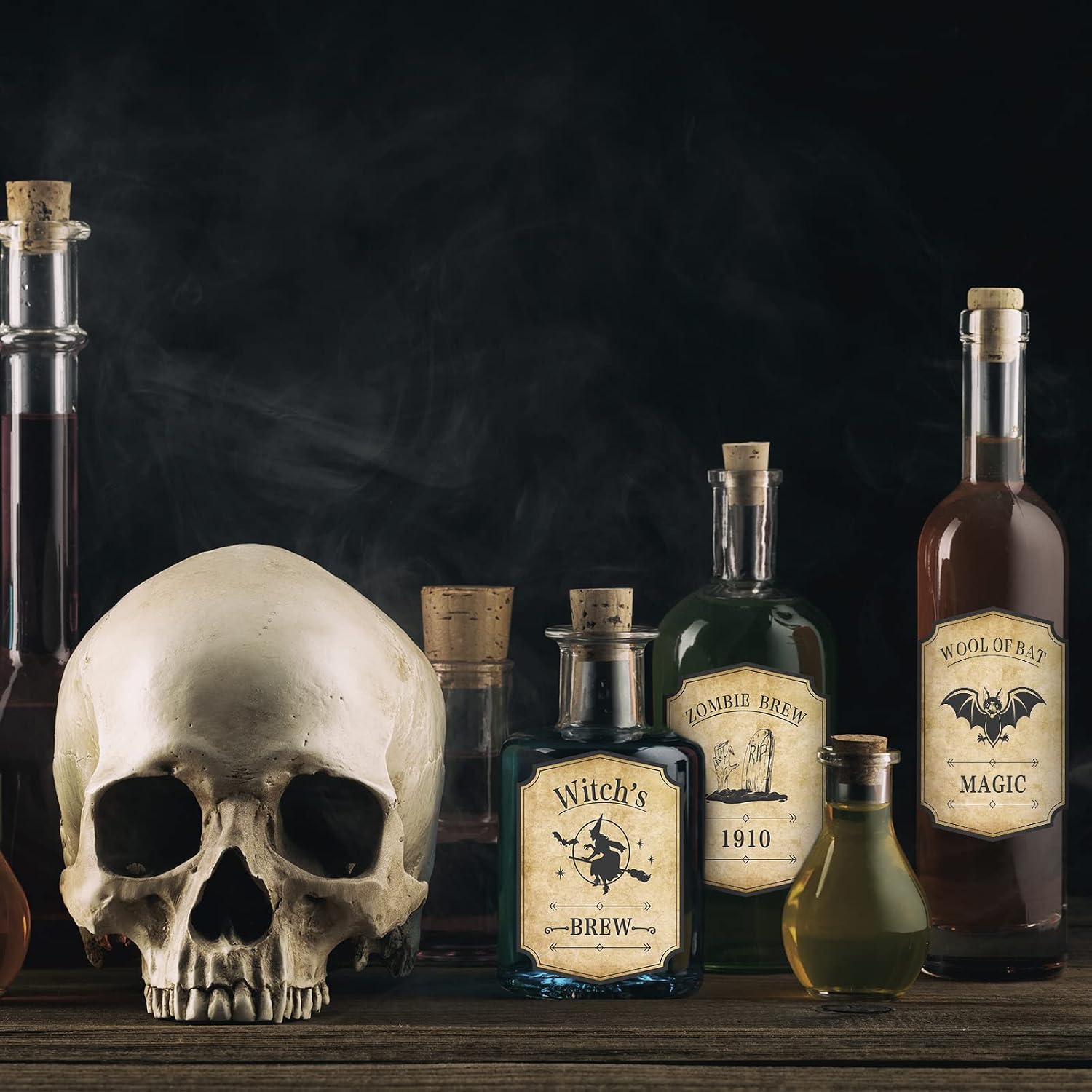Whaline Vintage Scary Potion Bottle Stickers - Skull, Bat, Witch, Apothecary Labels for Halloween Decor and Party Favors, 36 Pcs