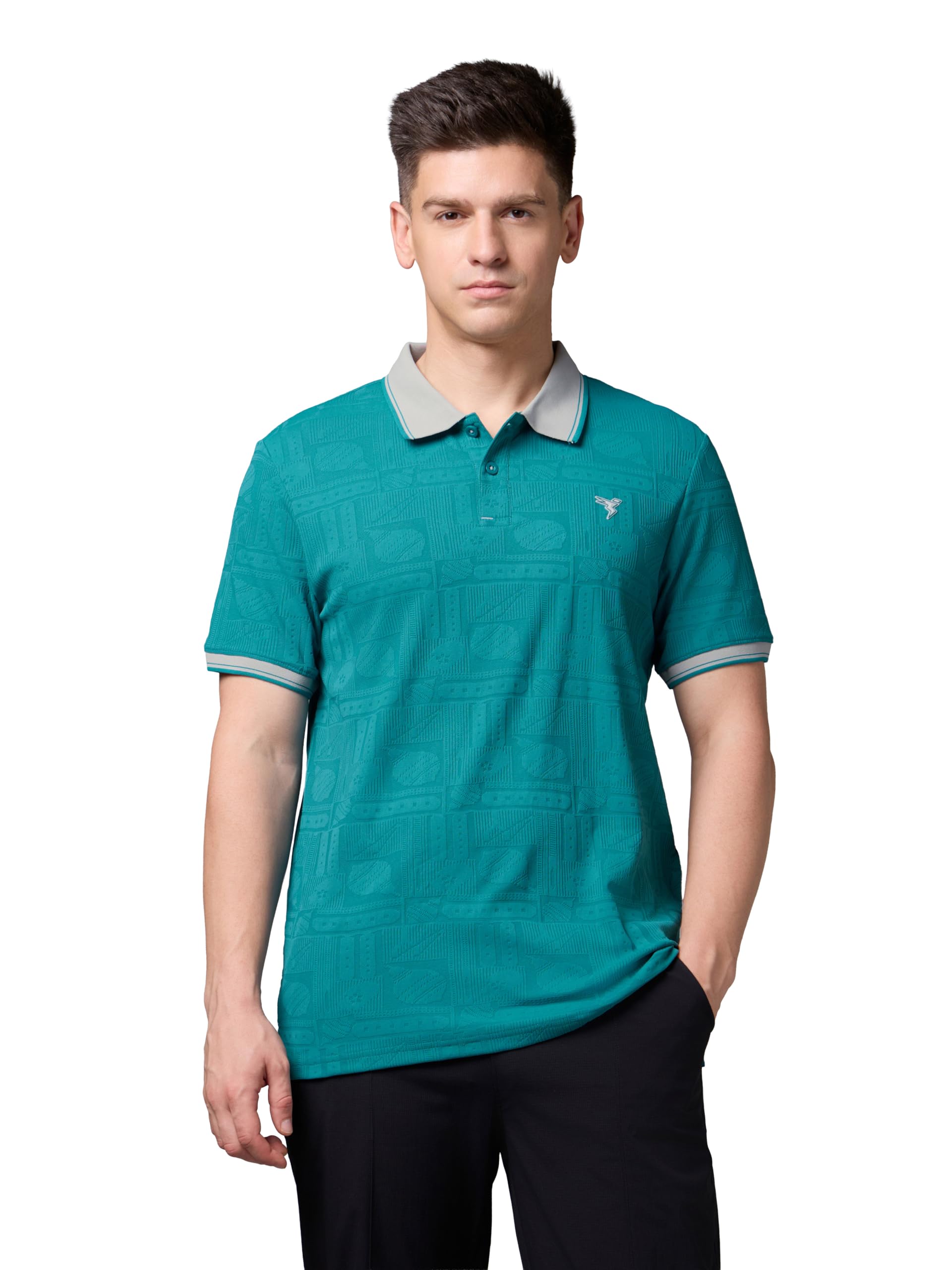 Men's Jacquard Regular Fit Half Sleeve Polo T-Shirt COTFLEX 4-Way Stretch Polyester Button Placket for Gym Casual Smart Wear Anti Odour-image-14