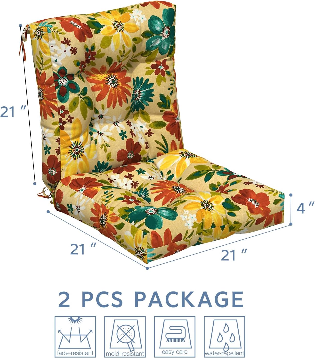 LVTXIII Outdoor Solid Low Back Cushion, Patio Tufted Replacement Rocking Chair Cushion with Ties, 2 Count Seat and Back Chair Cushions for Patio Furniture Use, 42 L x 21 W, Flower Multi