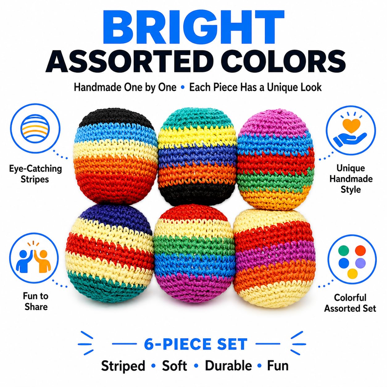 6PCS Hand-Made Knitted Hacky Sack, 2026 Upgraded Assorted Foot Bag Crochet Hacky Sacks for Adults, Juggling Balls for Beginners, Multicolored Geometric Pattern, Ready-to-Use Hacky Sacks (6pcs) — view 4