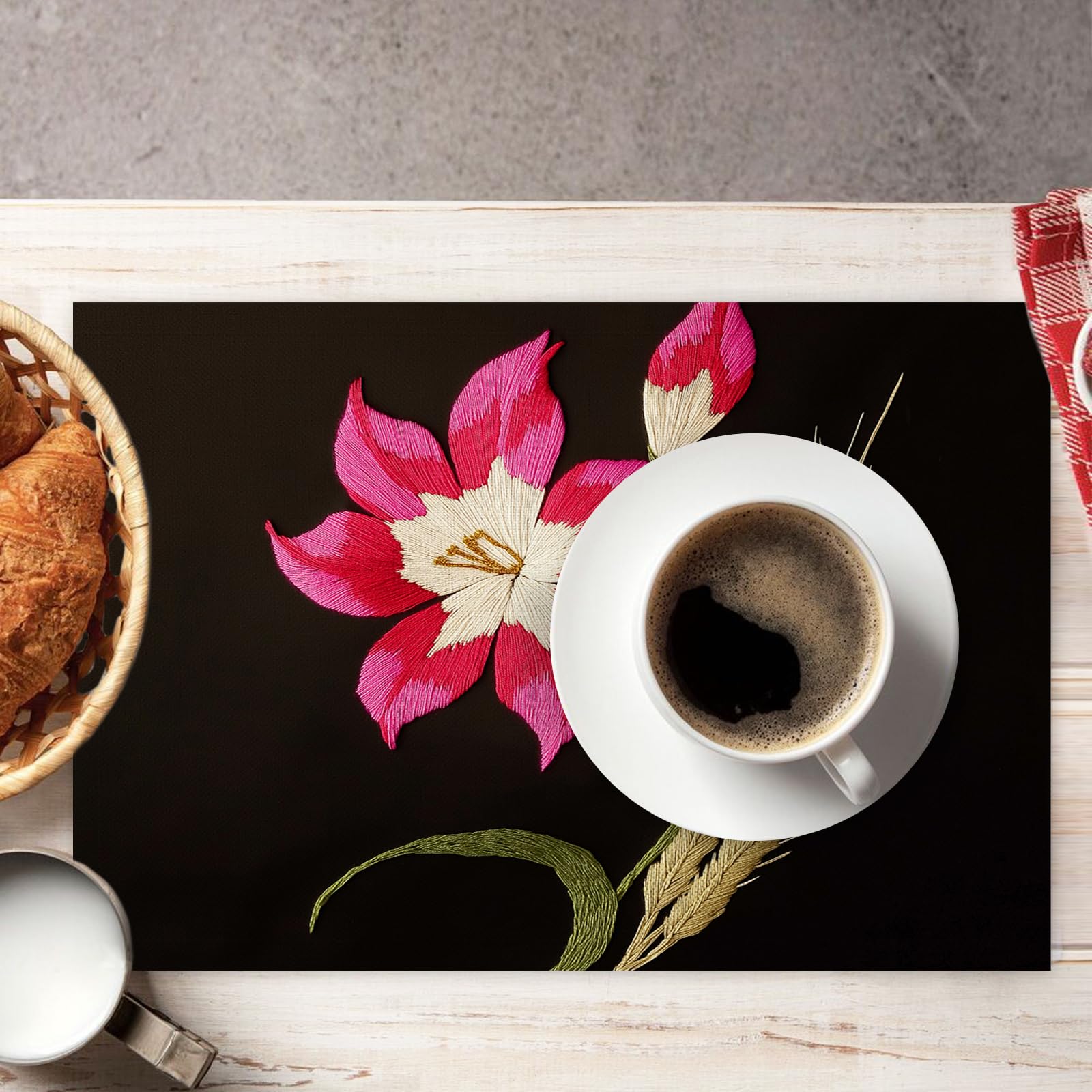 Set di 8 Tovagliette Americane Lavabili Cotone Lino Creatività - Tovaglietta Americana Resistenti al Calore Durevole Fiori ricamati - per Colazione Pranzo 30×45 cm