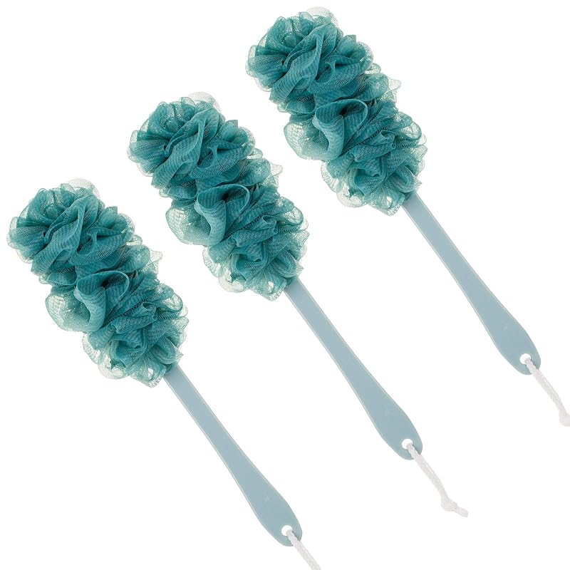 Escova corporal para banho Arswin com cabo longo, esponja de malha de nylon, azul, pacote com 3