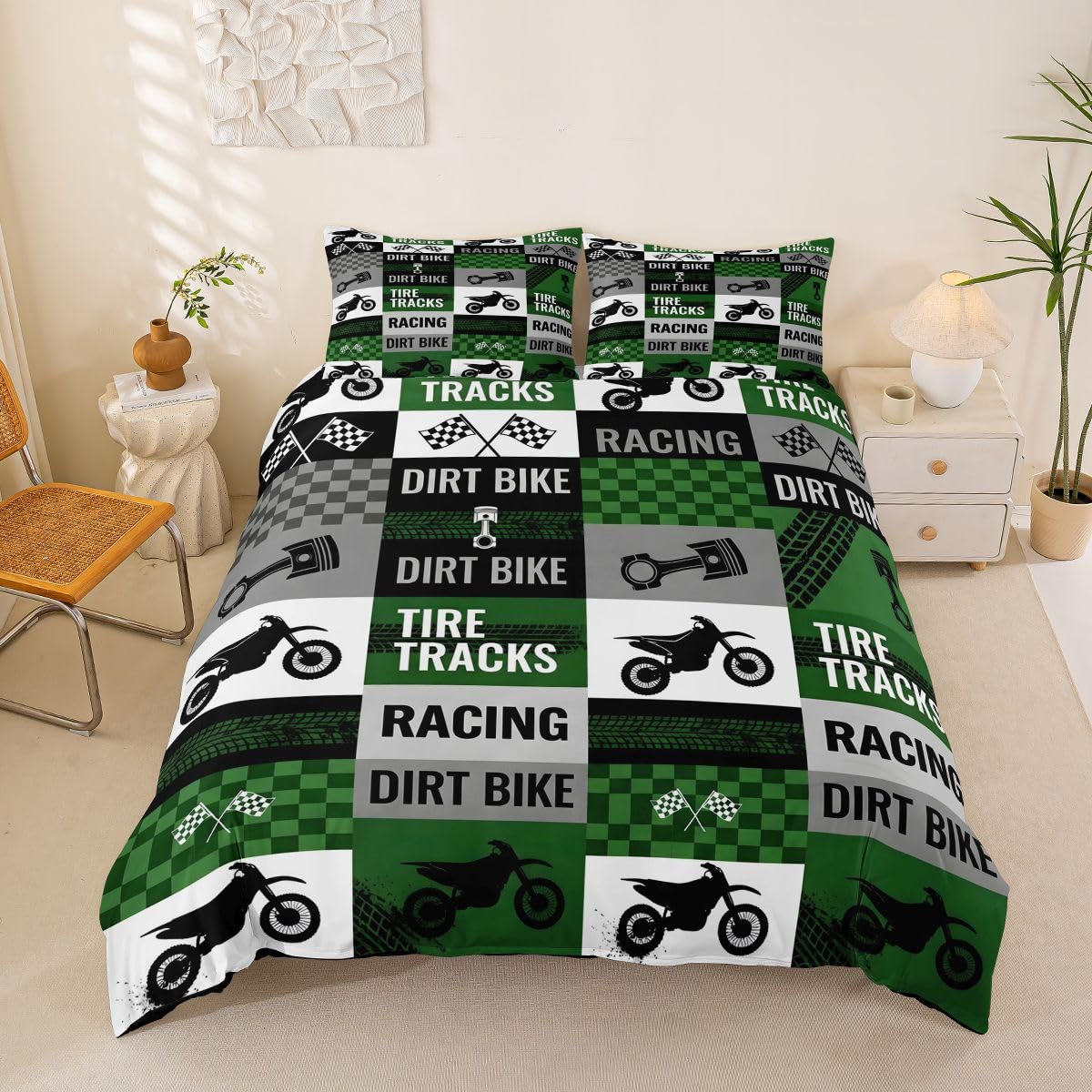 Loussiesd Dirt Bike Duvet Cover Set Cot Size for Kids Boys Girls Racing Dirt Bike Bedding Set Extreme Sports Duvet Cover with 1 Pillowcase Checked Bedding — image 1