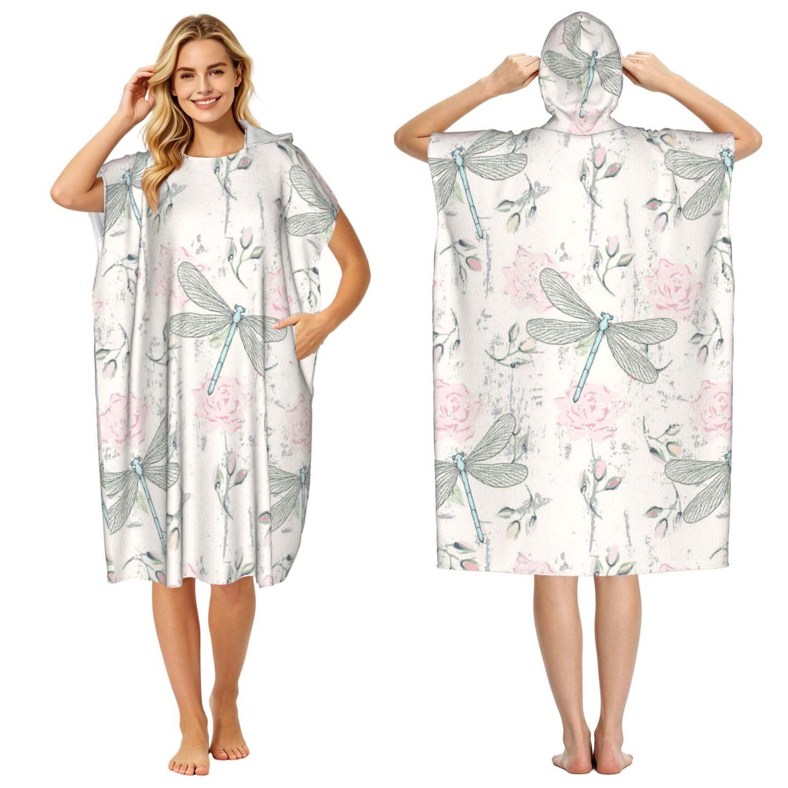 Poadnly Dragonfly Shabby Chic Roses Worn Old Vintage Floral, Adult Hooded Beach Towel 90 x 110 cm,Changing Bath Robe, Surf Poncho Towel For Women Men
