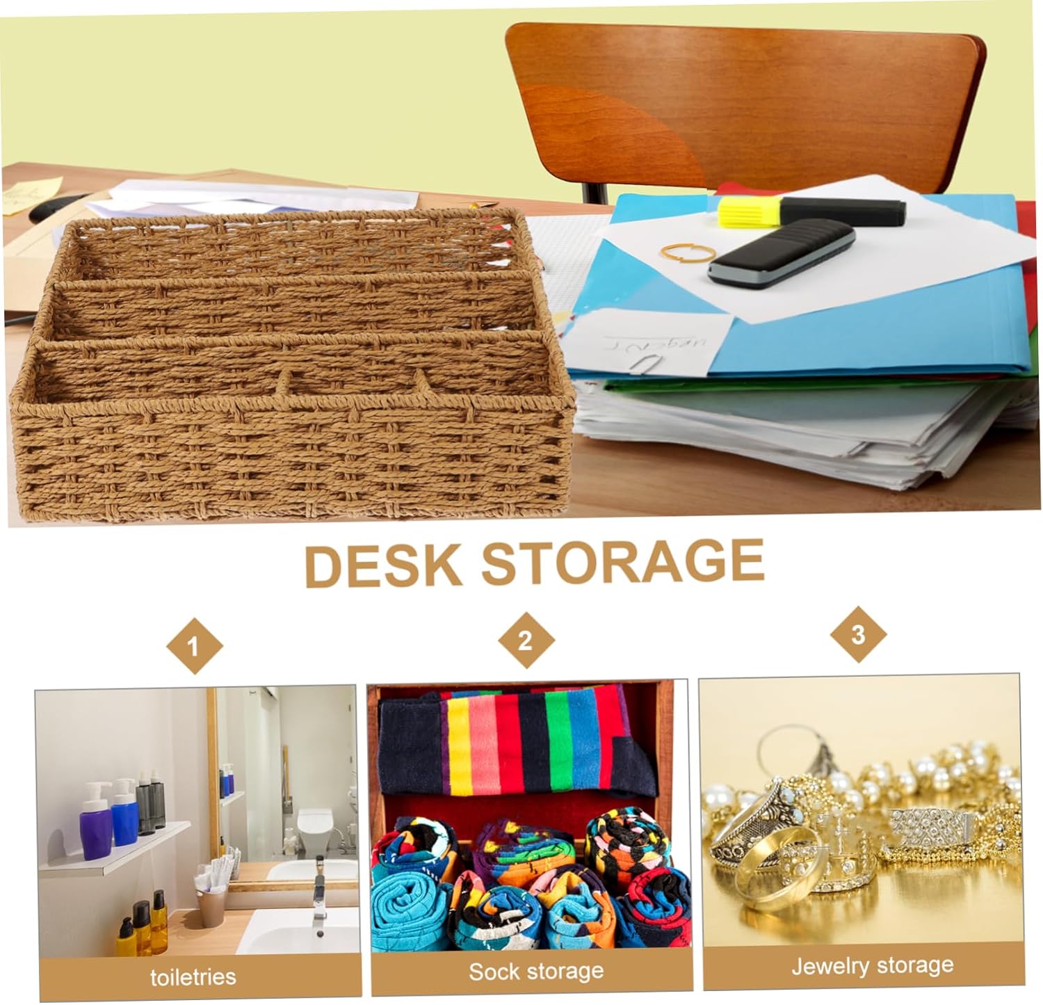 Boho Office Desk Accessories Woven Storage Box Basket Desktop Organizing Basket