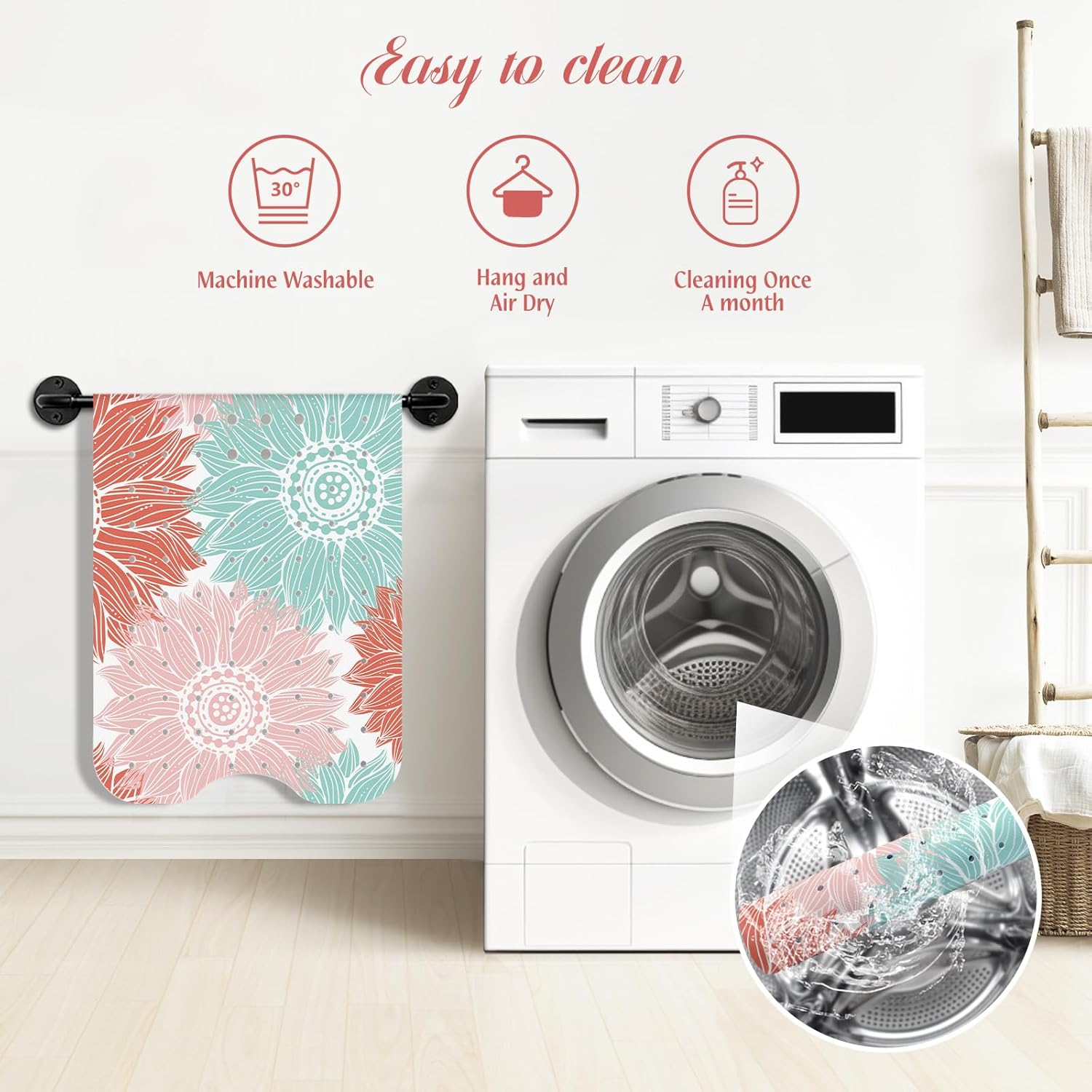 SHUCHING Green and Pink Flower Bath Mat for Tub Non Slip-40 X 16Inch, Boho Bathtub Mat Anti Slip for Women, Extra Long Shower Mat for Bathroom Mold Free, Machine Washable