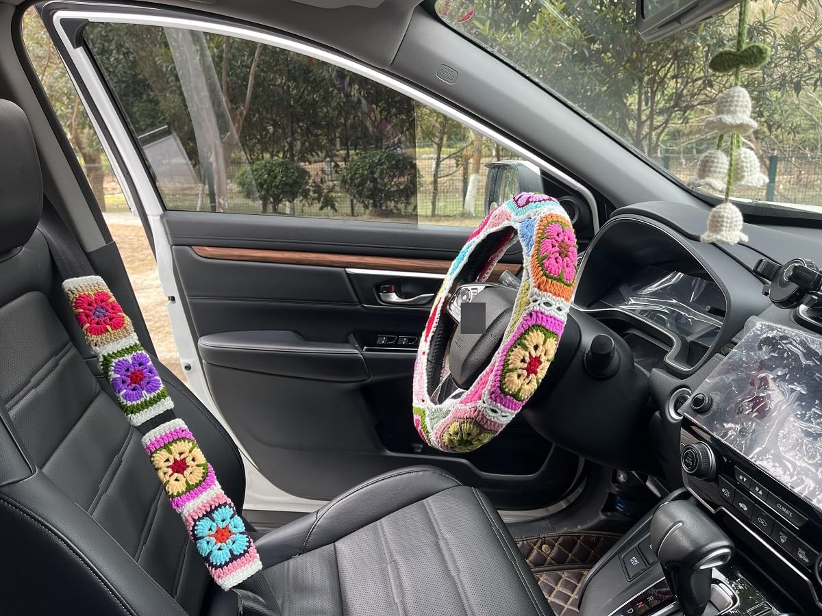Crochet Galsang Flower Car Steering Wheel Covers,Seat Belt Cover,Car Interior Accessories Decorations (D,Wheel Cover+2belt Cover+2Coaster+Campanula)