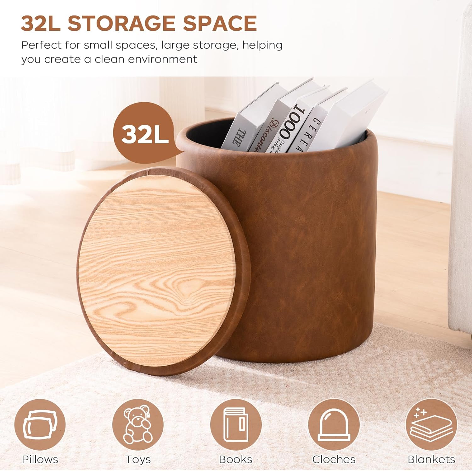 Round Ottoman with Storage Set of 2, 12.6"W x 14.17"H & 14.76"W x 17.32"H Faux Leather Button Tufted Storage Ottoman, Boucle Vanity Stool Footrest Coffee Table for Living Room, Bedroom, Brown - Image 7