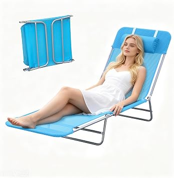 Outdoor Chaise Lounge w/Detachable Pillow, Reclining Folding Chair, Blue 3