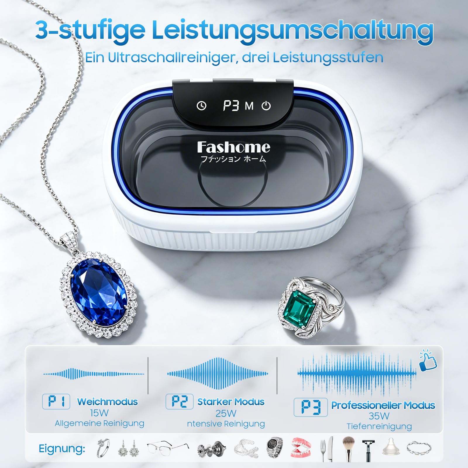 Fashome Ultraschallreiniger mit 2×100 ml Reinigungsflüssigkeit, 45 kHz 3 Modi, 550 ml Edelstahltank, für Schmuck, Brillen, Uhren & Zahnersatz, Reinigungskorb & Uhrenhalterung – mit Geschenkbox