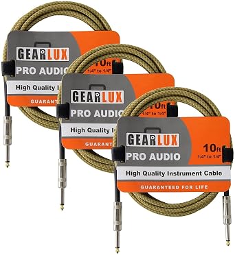 Gearlux Instrument Cable/Guitar Cable, 1/4 Inch, Straight to Straight, Tweed, 10 Feet - 3 Pack