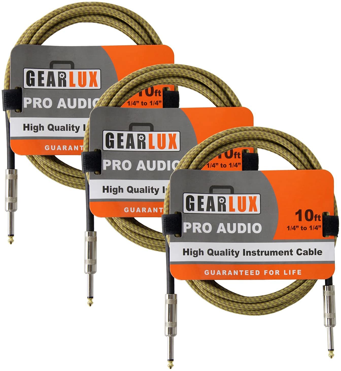 Gearlux Cable de instrumento/cable de guitarra profesional de 1/4 pulgadas a 1/4 pulgadas, tweed, 10 pies, paquete de 3
