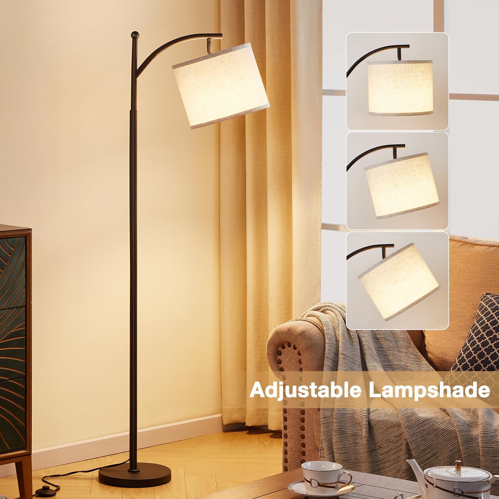 ROTTOGOON Stehlampe für Wohnzimmer mit 3 Farbtemperaturen LED Glühbirne Stehlampen Hoch Industrielle Stehlampe Lesen für Schlafzimmer Büro (9W LED-Glühbirne Beige Lampenschirm enthalten) Schwarz