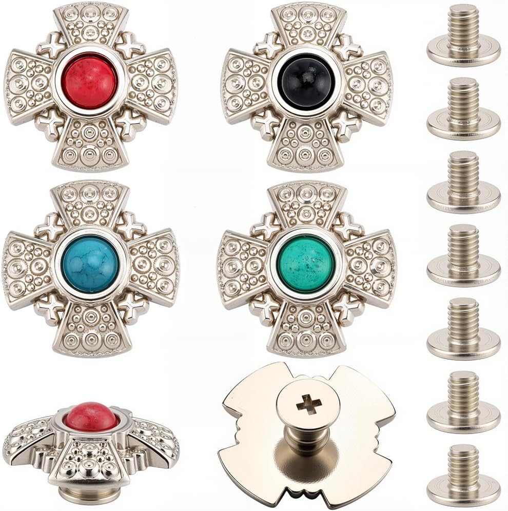 CRASPIRE 20 Sets Faux Turquoise Cross Screw Back Buttons Decorative Buckle Vintage Western Style Replacement Buckle for DIY Leather Craft Fabrics Goods Accessories Set