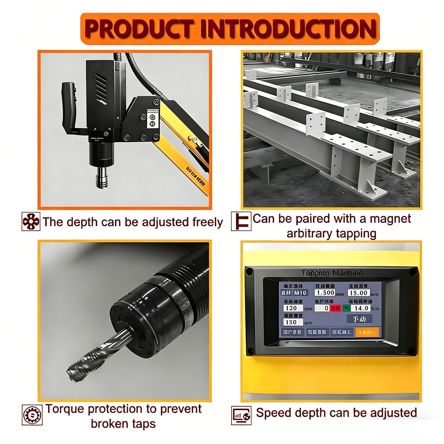 Maschiatrice elettrica multidirezionale a 360°, Braccio maschiatore Elettrico per filettature da M3 a M16, Potenza 600W, 8 pinze Incluse, Schermo tattile.