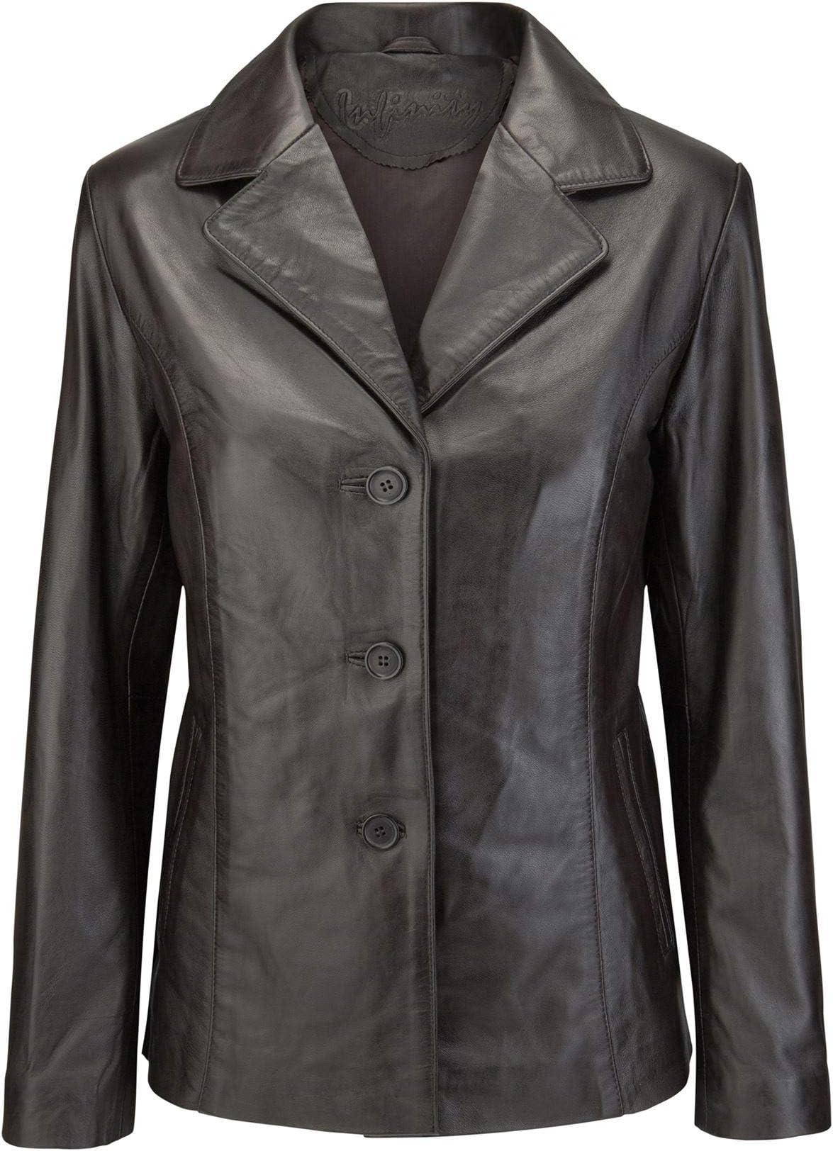 Womens Classic Blazer Jacket Real Leather 3 Button Mid Length Black Brown