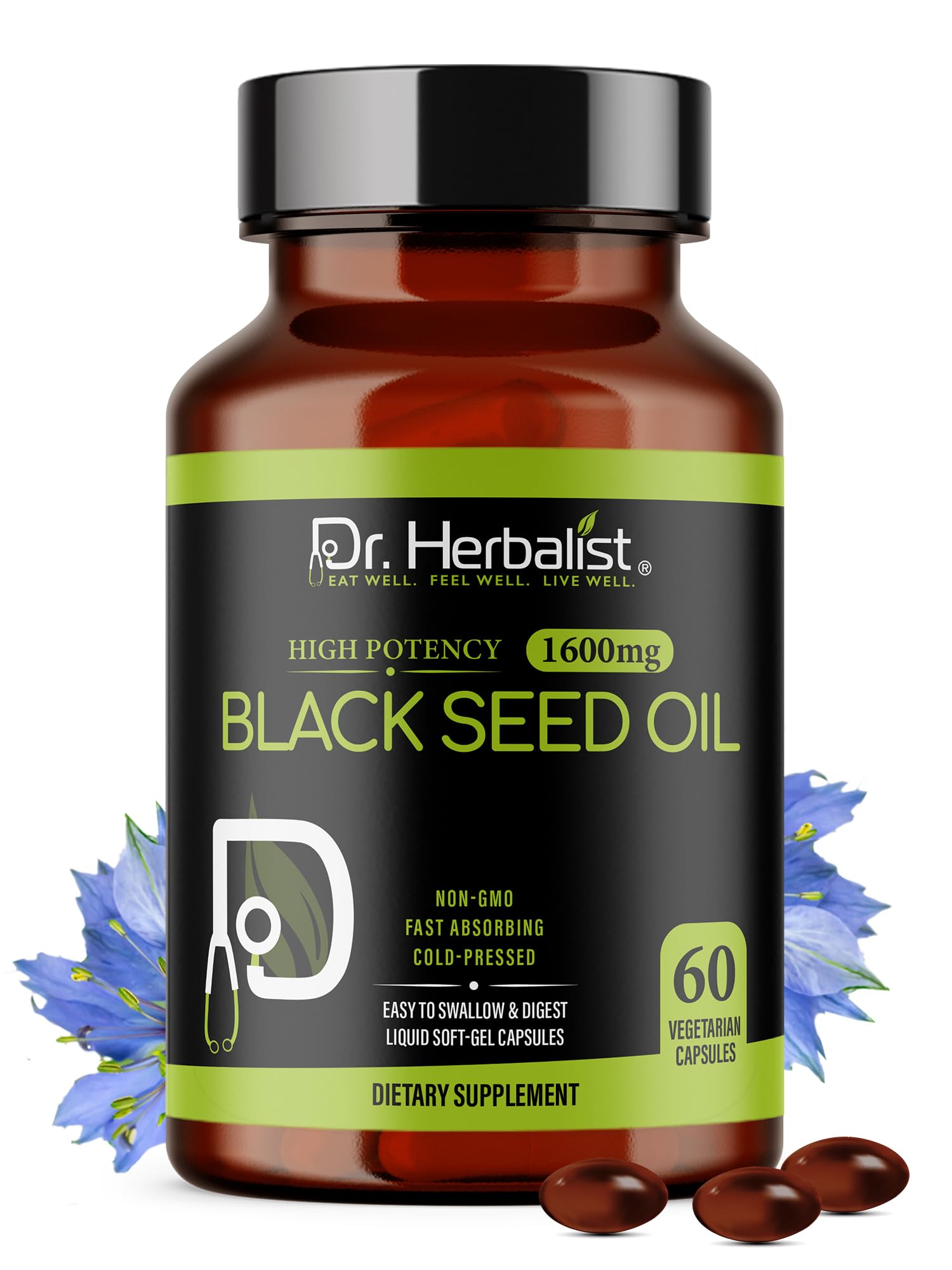 Dr. HERBALIST Black Seed Oil Capsules 1600mg - Cold-Pressed Black Cumin Seed Oil, Nigella Sativa - 60 Easy-Swallow Vegetarian Softgels - Halal Black Cumin Oil Pills