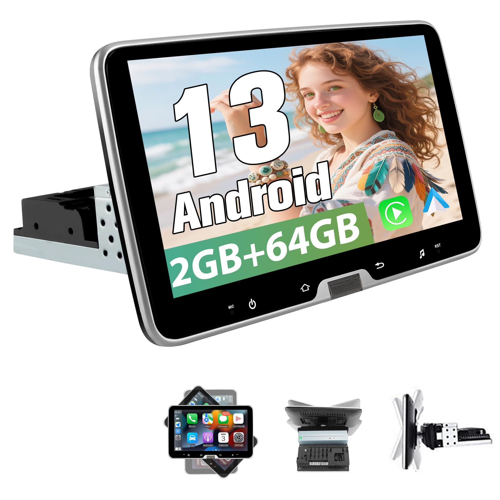 AWESAFE Android 13.0 [2GB+64GB] 1 DIN Universal Car Radio with 10.1 Inch Rotatable Touchscreen, with Carplay/AndroidAuto/Steering Wheel Controls/WiFi/GPS (2G+64G with knob)