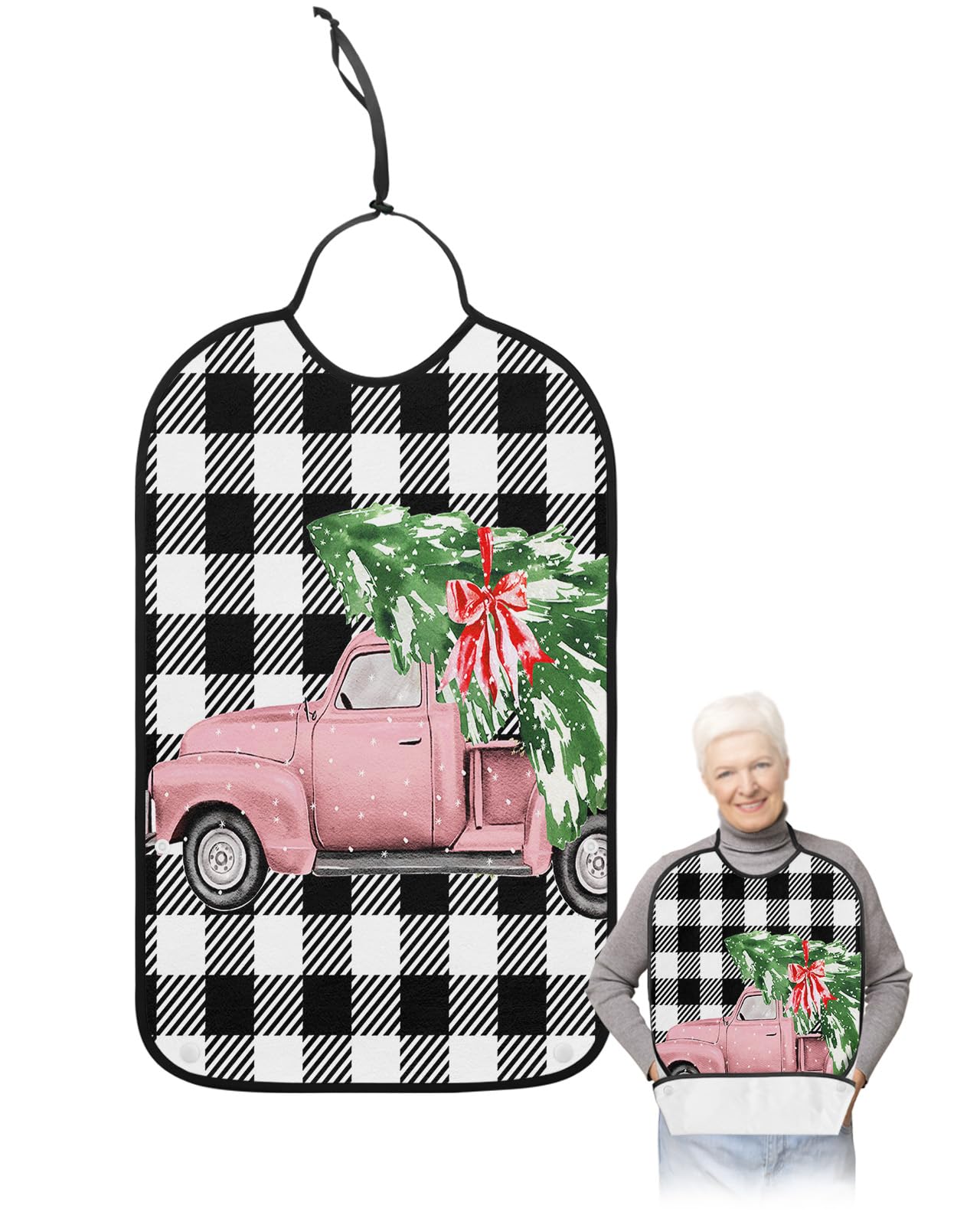 LEOKOTI Pink Truck Christmas Adult Bibs for Eating, Waterproof Bibs with Food Catcher & Snap Closure, Xmas Tree Winter Snowflake Black White Plaid Clothing Protectors Adult Bibs for Elderly Women/Men