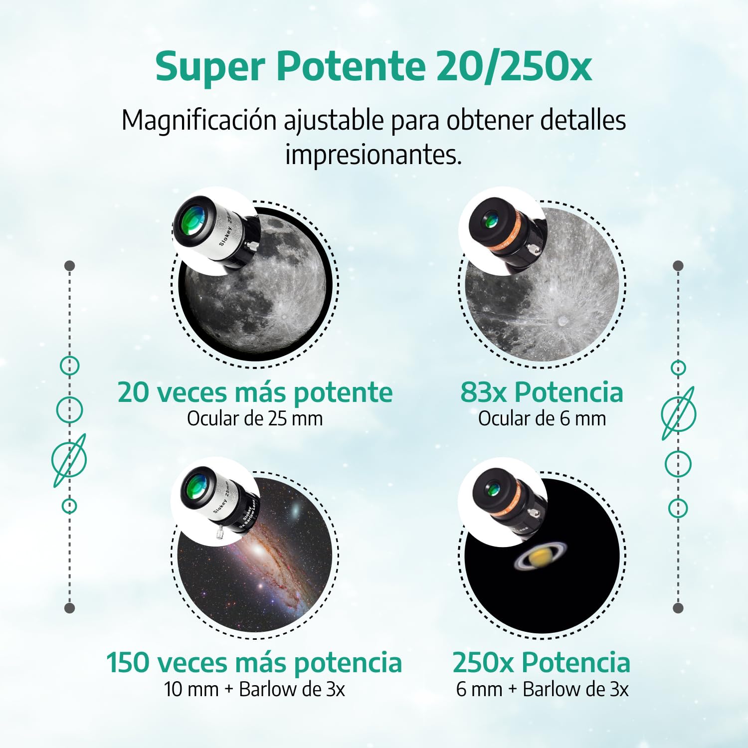 Slokey 50080 Telescopio Terrestre y Astronómico Refractor 25x-250x - Telescopio Portátil 80 mm para Niños y Principiantes - Observación de Estrellas Luna, Planetas, Incluye Trípode de Acero Inoxidable
