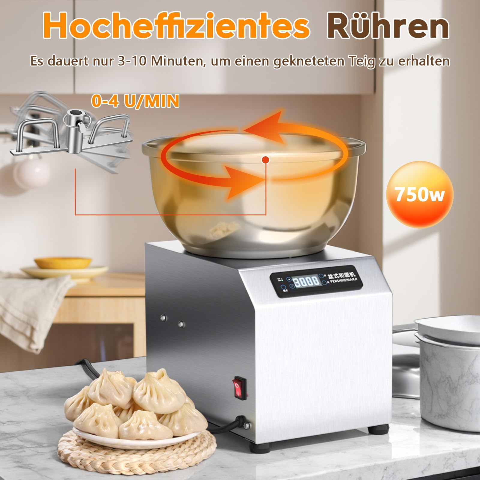 Macchina per impasto in acciaio inox, 8 kg, 750 W, con funzione di fermentazione e timer, doppia rotazione per ristoranti, panetterie e pizzerie