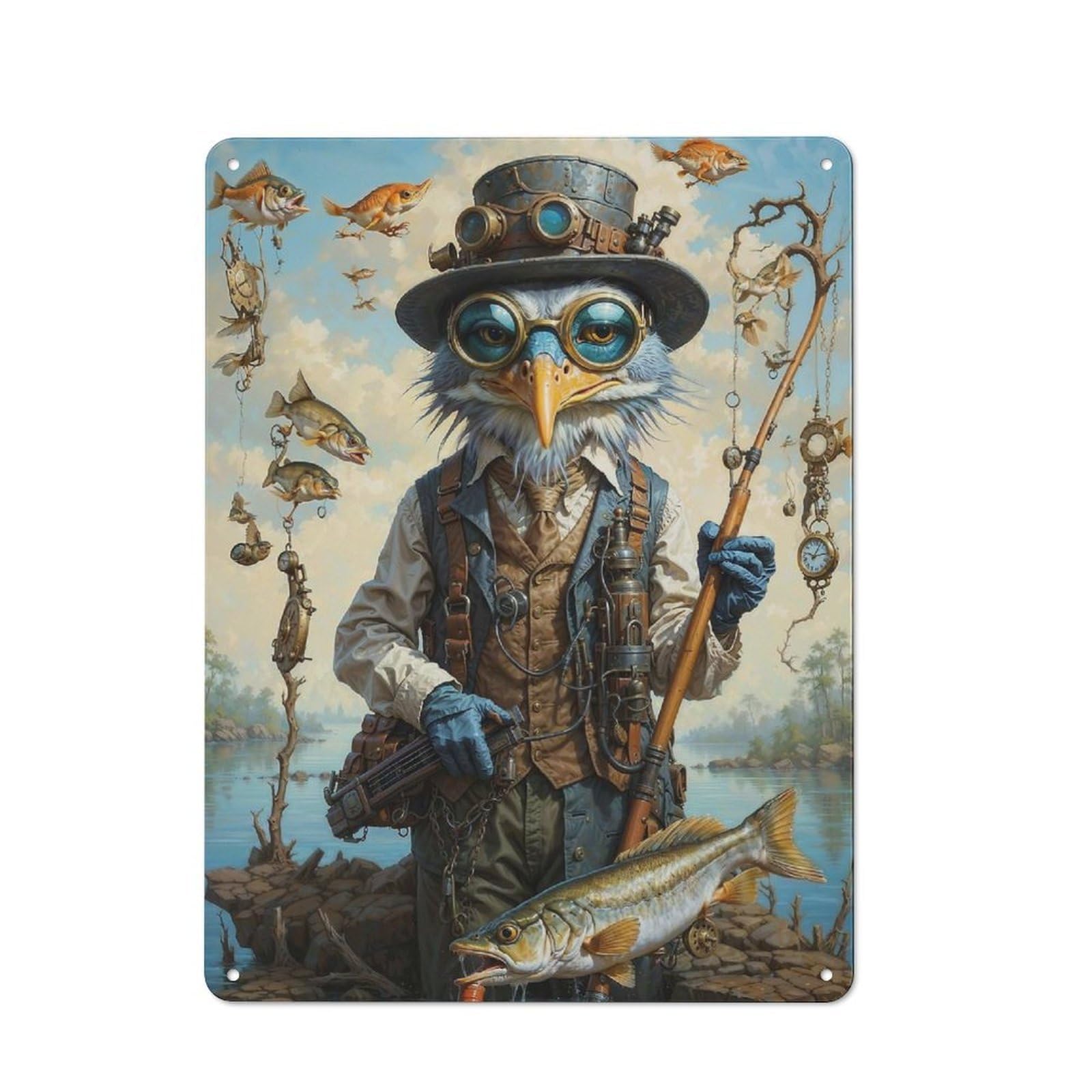 Junmoney Surreal Blue Heron Fishing 40X30cm Retro Tin Sign With For Kitchen Or Home Bar, A Decorative Gift For A Newly Furnished Kitchen And Home Bar