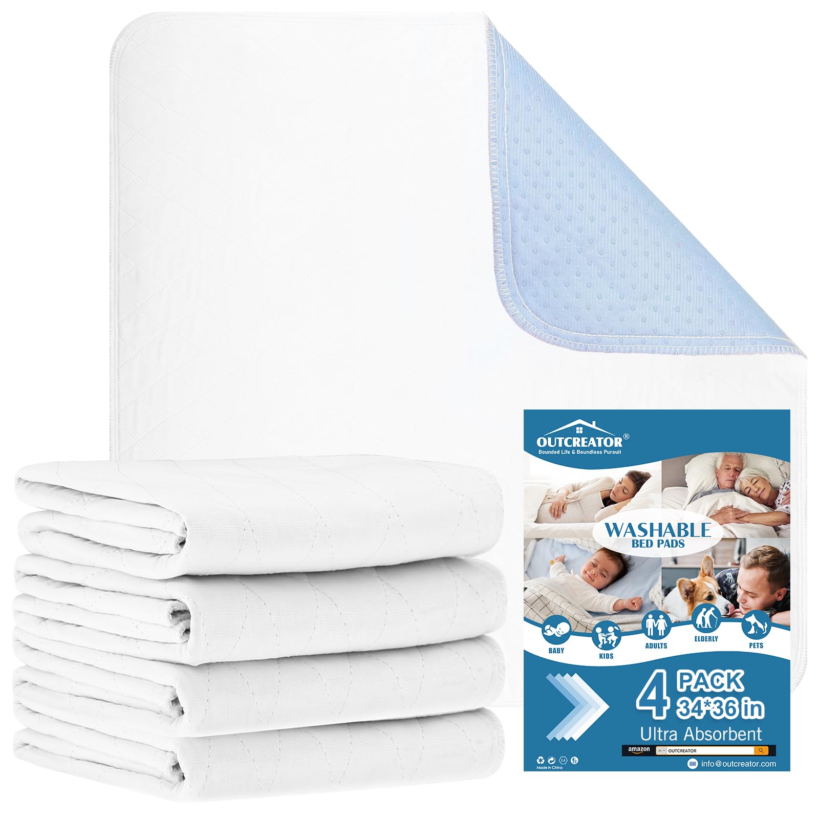 OUTCREATOR® 4Pack Bed Pads for Incontinence Mattress Protector Anti-Slip Waterproof Pads (34" x 36") for Toddlers Kids Adults Pets Pee Pads and Machine Washable Absorbency and Leak Proof Edge (White)