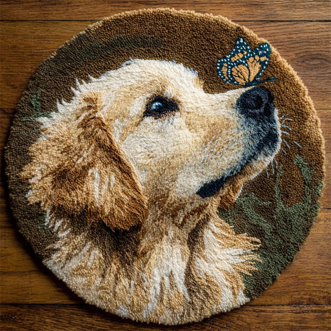 Rqwybcaxn DIY Latch Hook Rug Kit for Beginners Animal Crochet Starter Kit Golden Retriever and Butterfly 60x60cm Round Tapestry with Crochet Hook Bedroom Craft Gift
