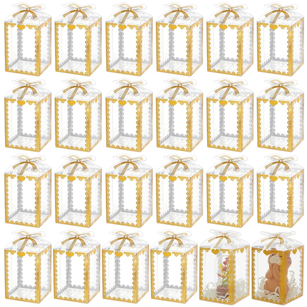 BENECREAT 50 Pcs 2x2x3.5 Inch/5x5x9cm Clear PVC Gift Boxes, Rectangle Bow Knot Pattern Boxes for Wedding Party Favor Festival Gift Packaging, Golden