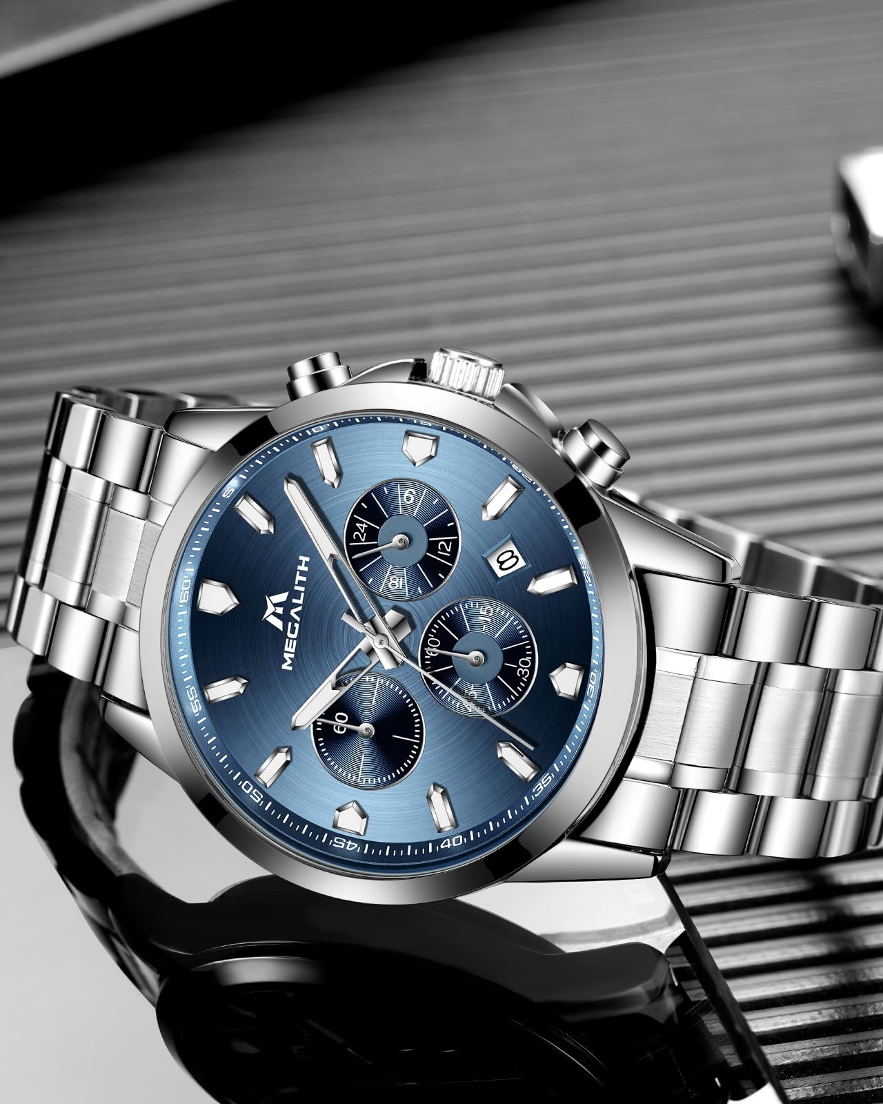 MEGALITH Orologio Uomo Acciaio Inossidabile: Impermeabile Analogico Cronografo Orologi con Fecha Luminosa - Regalo Anniversario Compleanno per Affari Lavoro Uomo