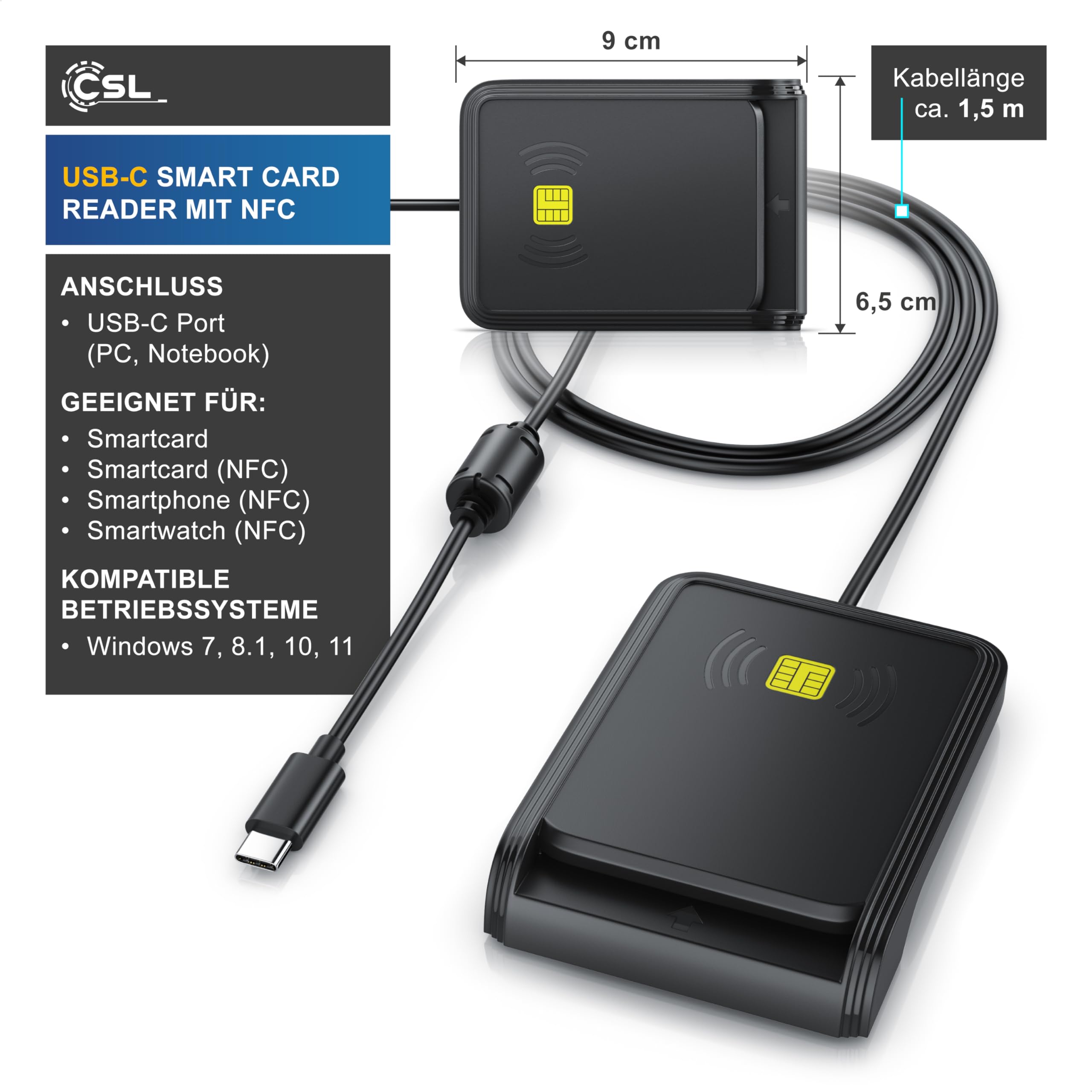 CSL - USB C Chipkartenleser mit NFC - SmartCard Reader - SIM Kartenlesegerät - ISO 7816 – ISO 14443 - Windows 7-11 - für den neuen Personalausweis Krankenkassenkarten Bankkarten - kein EPA