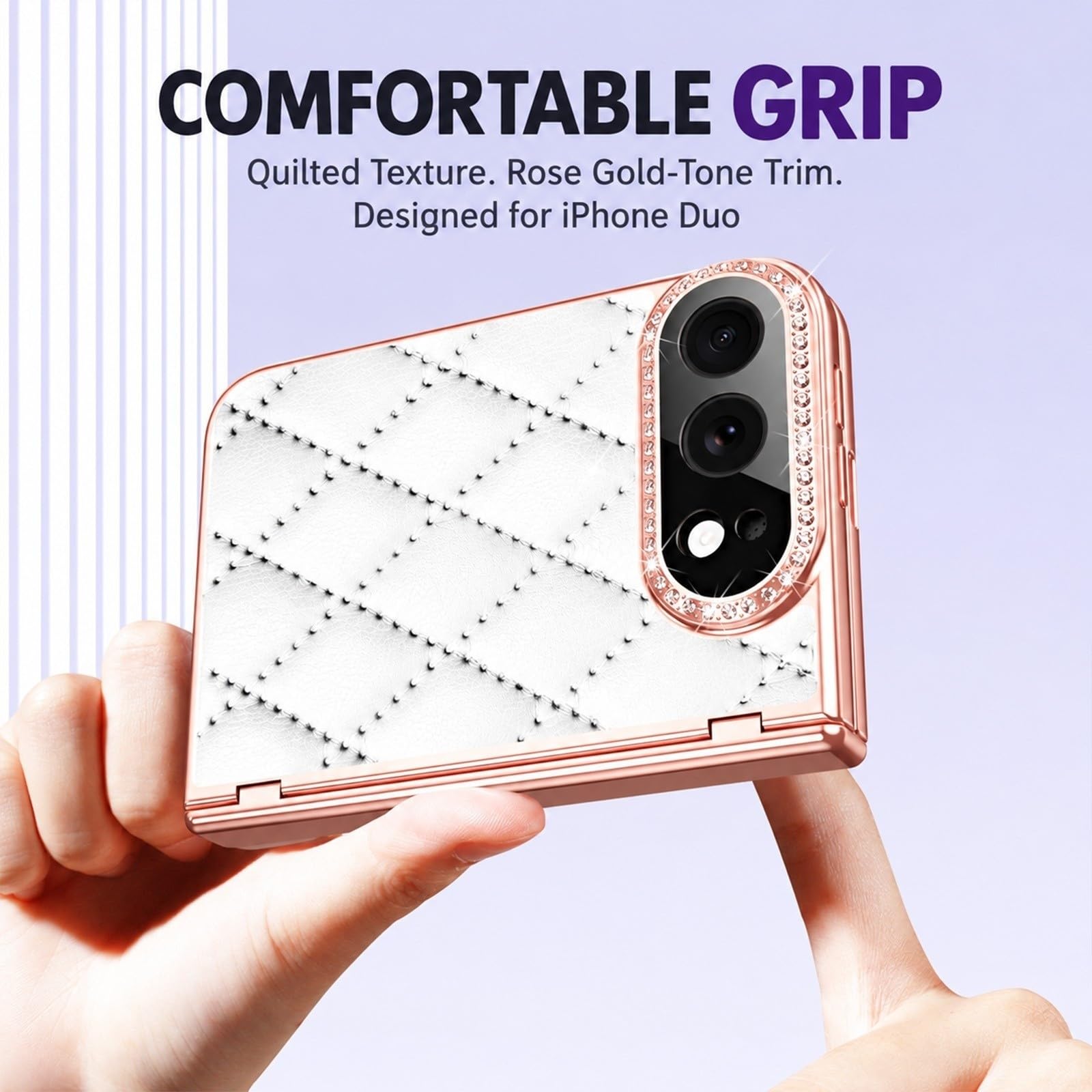 Coque pour iPhone Duo, Simili Cuir Matelassé, Strass, Protection Charnière