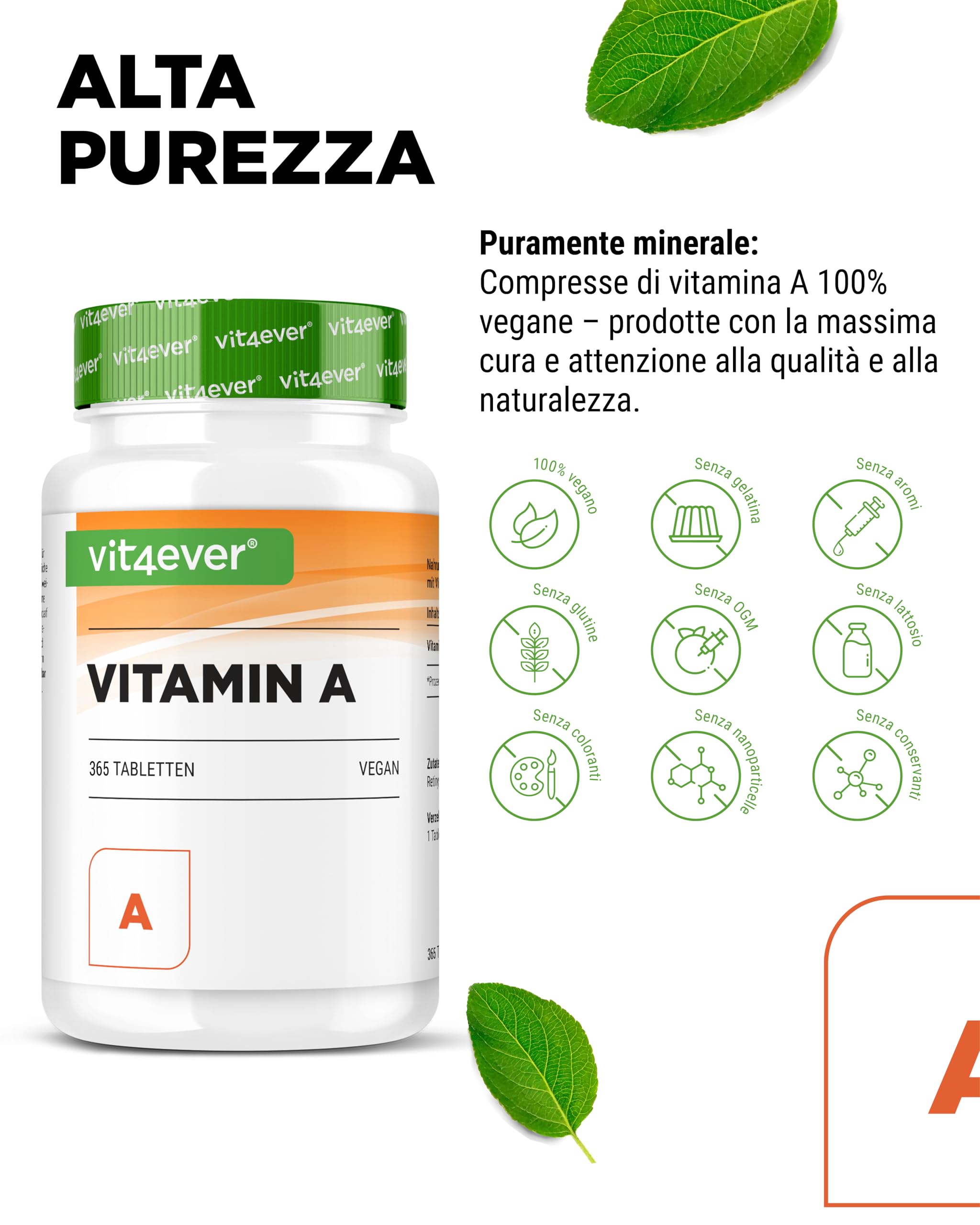 vit4ever Vitamina A - 10.000 U.I. (3000 µg) - 365 compresse - Alternativa alle capsule - Acetato di retinile ad alto dosaggio - Senza additivi inutili - Occhi, pelle, sistema immunitario - Vegan