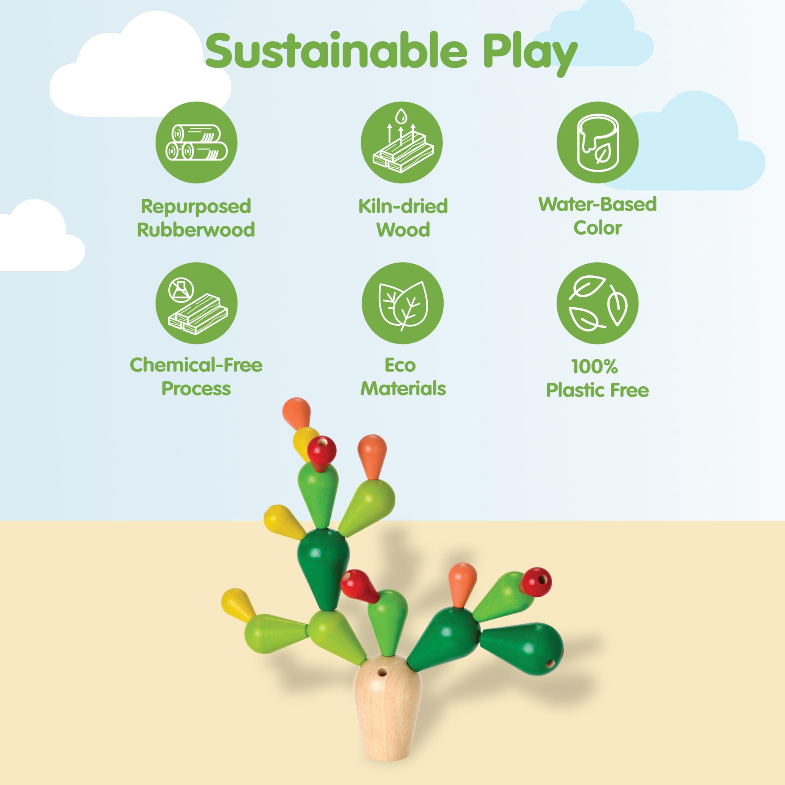 PlanToys Cactus Équilibrant - Jouet de Motricité Coloré en Bois 3+ Ans - Jeu de Construction pour 1 à 4 Joueurs avec Socle et 18 Branches, Wood
