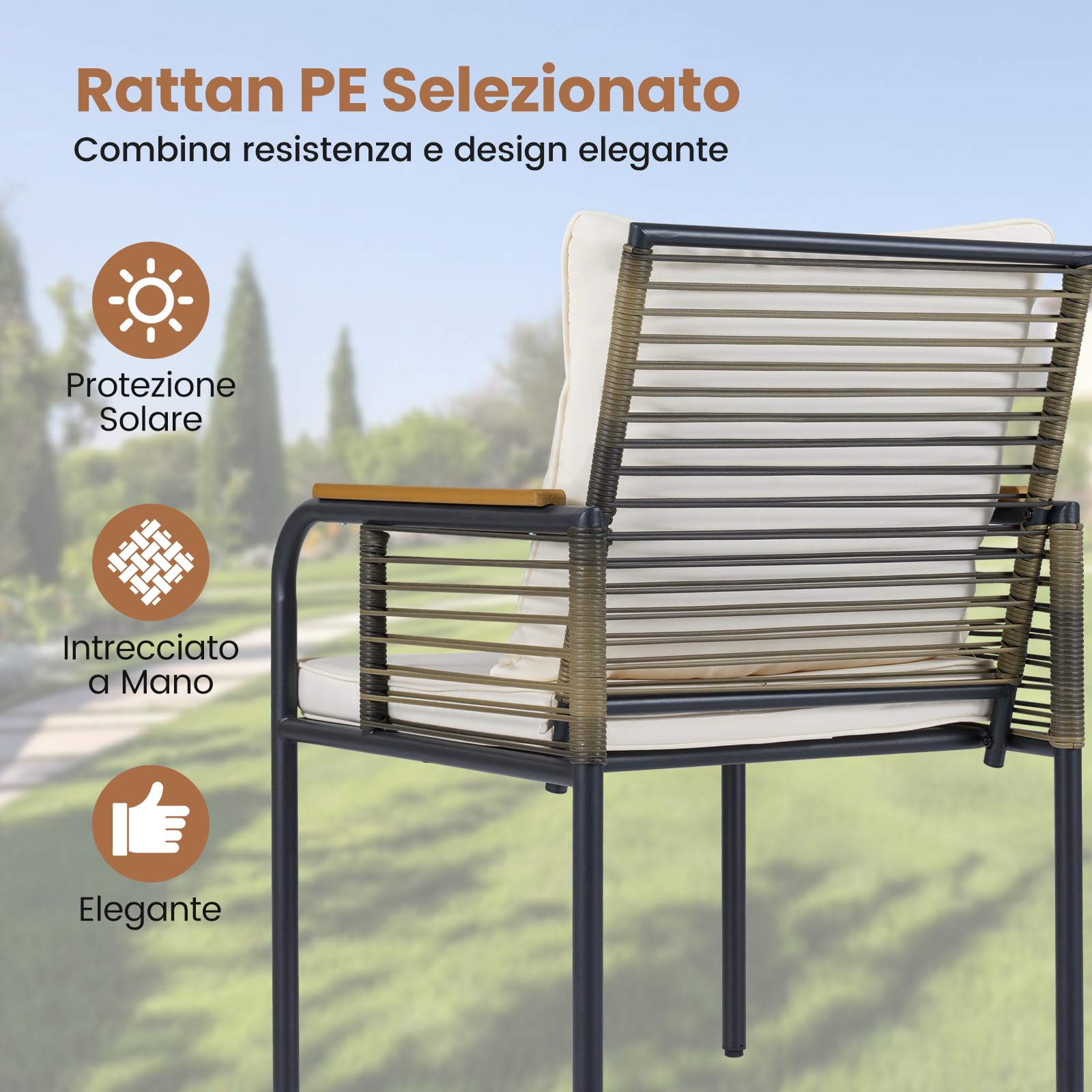 COSTWAY Set Salottino da Giardino in Vimini, Set di Mobili da 3 Pezzi per Esterno Salvaspazio con Cuscini, Tavolo Rettangolare e Sedie in Rattan per Balcone, Veranda, Giardino e Cortile (Beige)