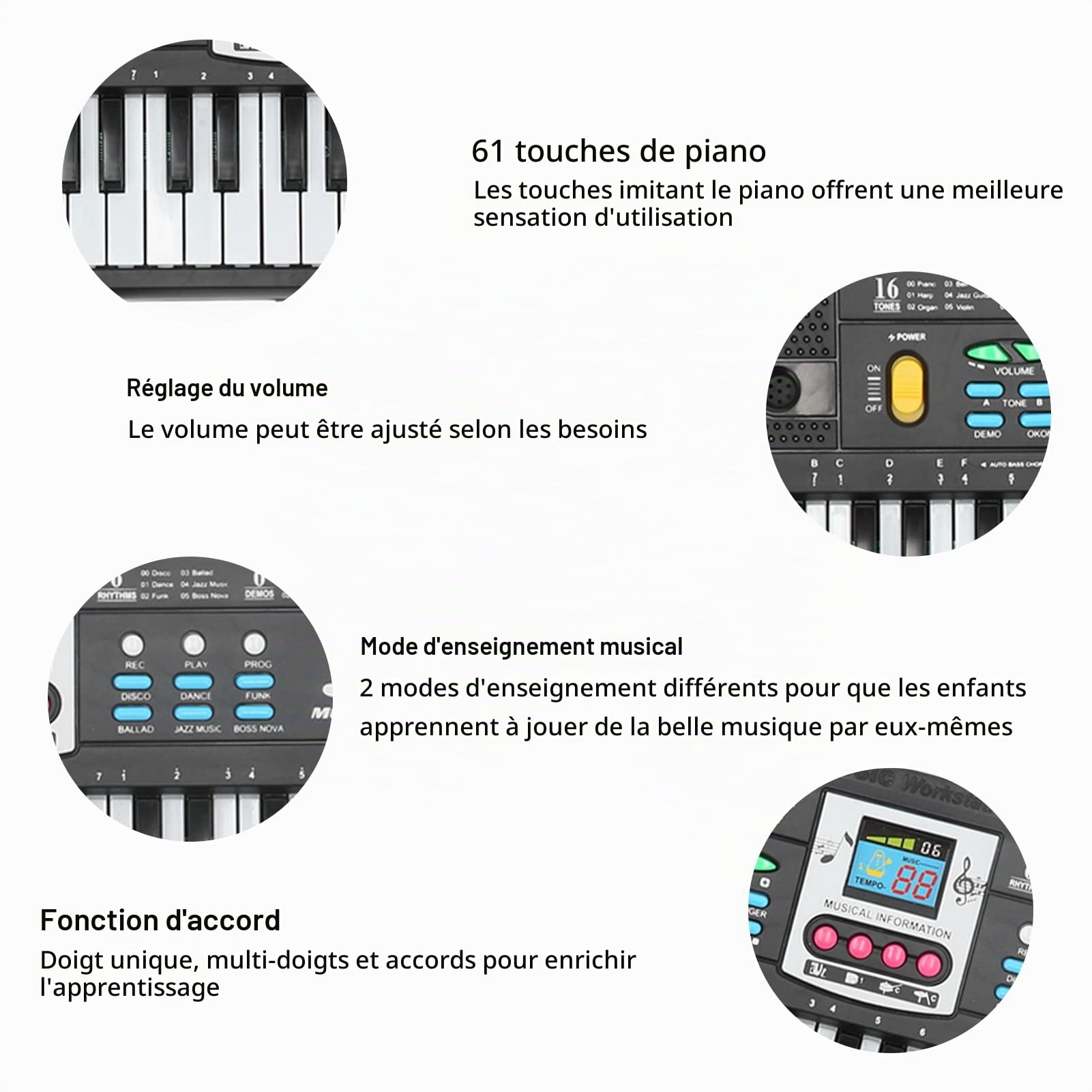 Piano électrique 61 Touches pour les Débutants avec des Caractéristiques Microphones et Polyvalentes
