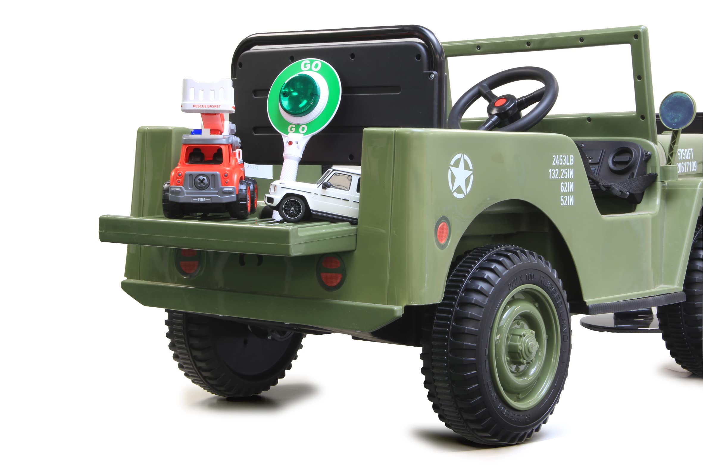 Ride-on Jeep Willys MB Army 12 V – Démarrage Doux, Coffre, Pelle Amovible, Port USB, Bluetooth, Voiture électrique