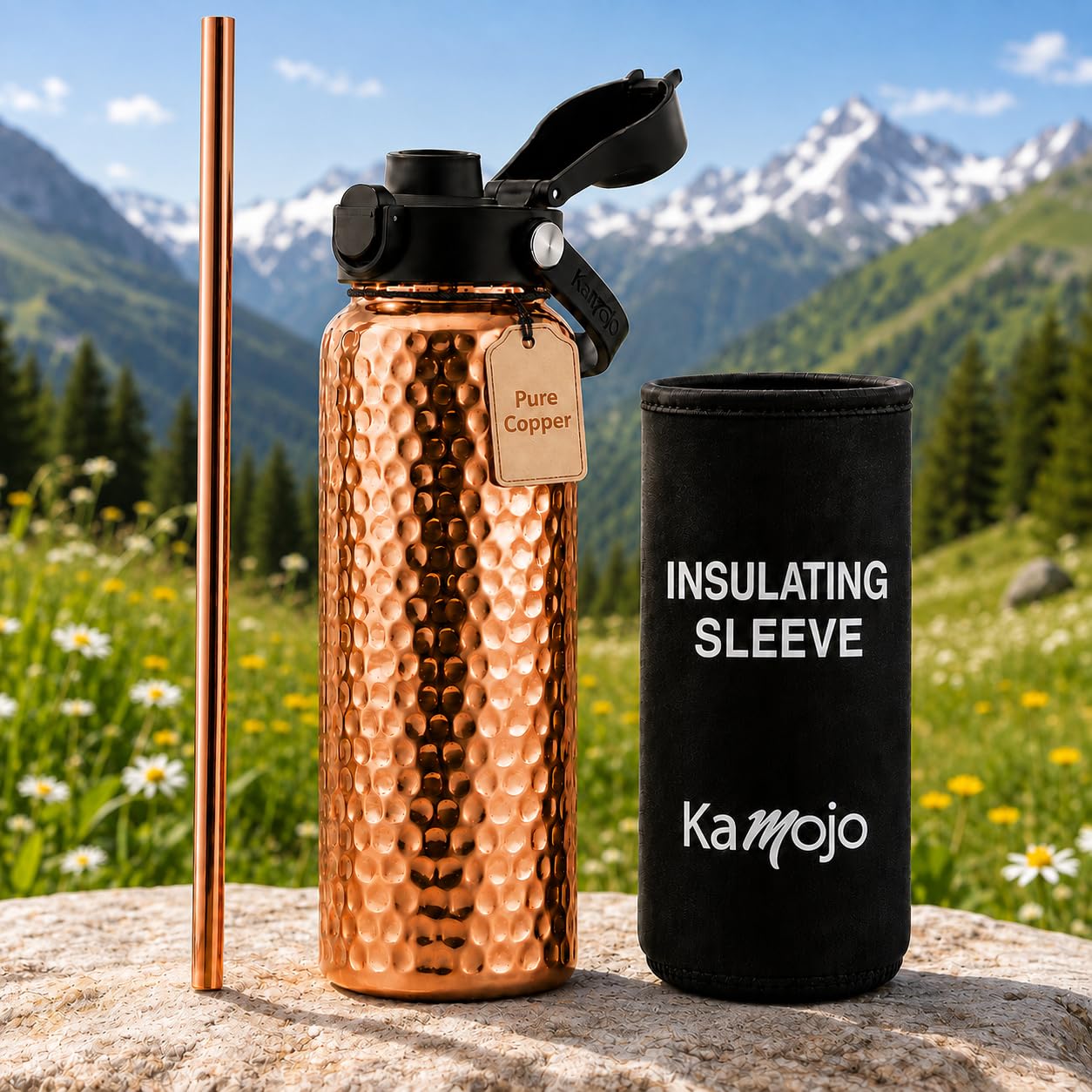 Kamojo 32 oz Copper Bottle with Push-Button Lid and Straw