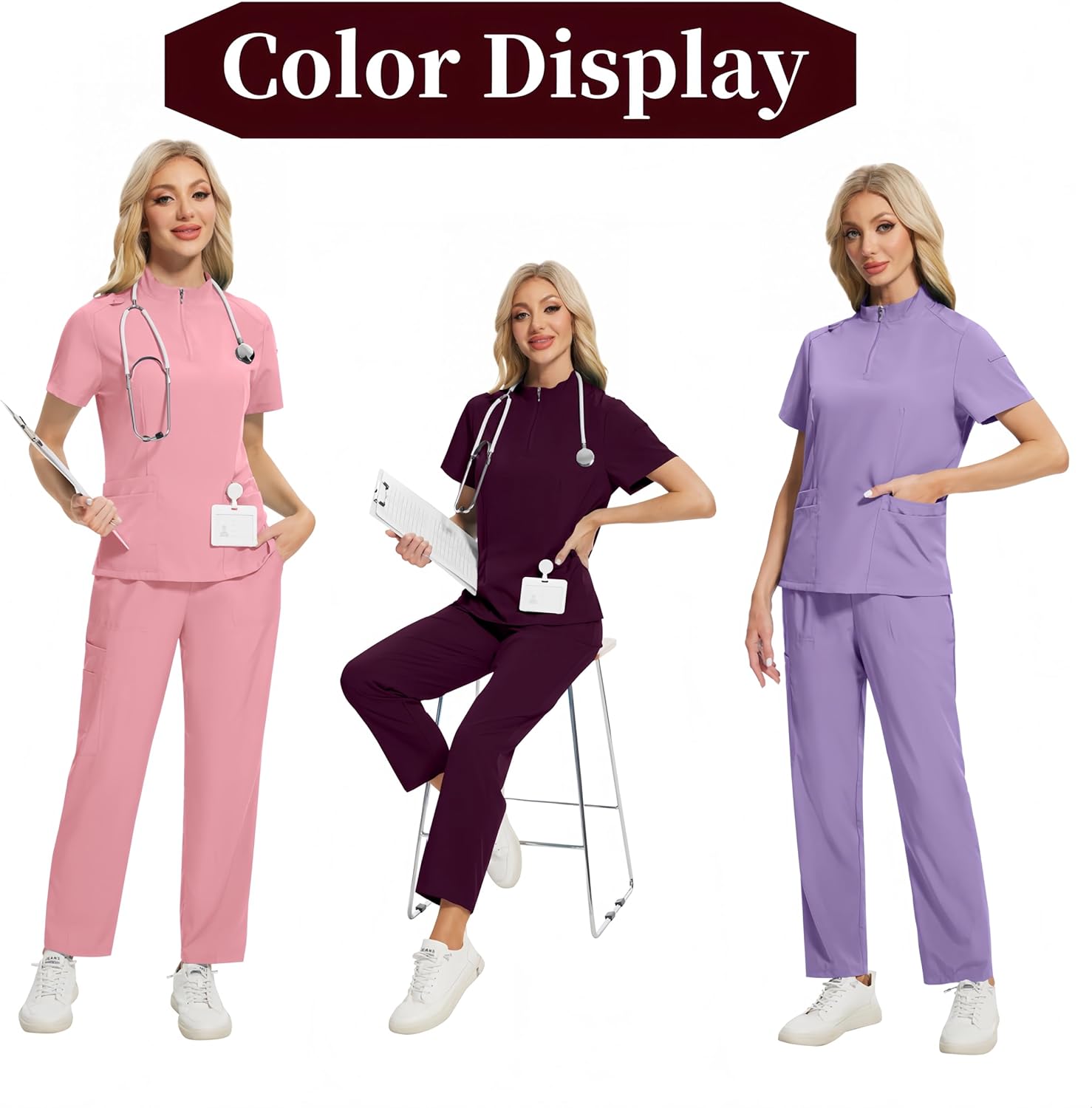 Aylashine Scrubs Medical Uniform, Set-Zipper Collar Top&Straight Pants, Unisex Workwear，for Doctors, Nurses, Beauty Salons
