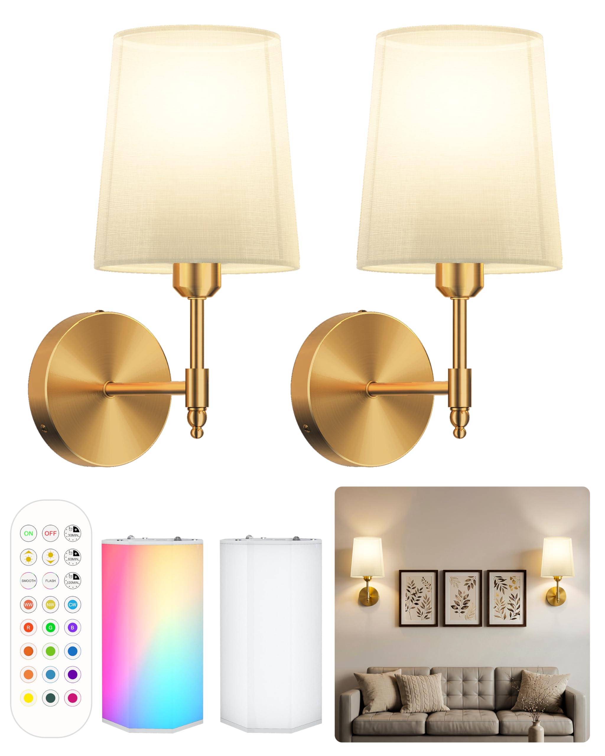 Photo 1 of Ouyulong Battery Operated Wall Sconces Set of 2, Wireless Rechargeable Dimmable Wall Light with 15000mAh RGB Bulb and Remote for Bedroom