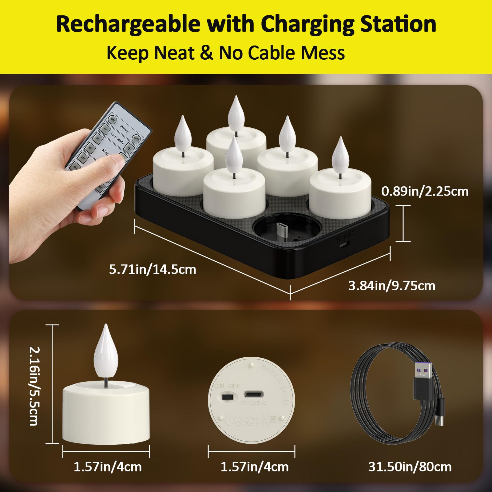 Yme Set van 6 led-theelichtjes, oplaadbaar met afstandsbediening, timer, elektrische USB-oplaadbare theelichtjes, flikkerend, dimbaar, kaarsen met timerfunctie voor Halloween, kamer, feestdecoratie