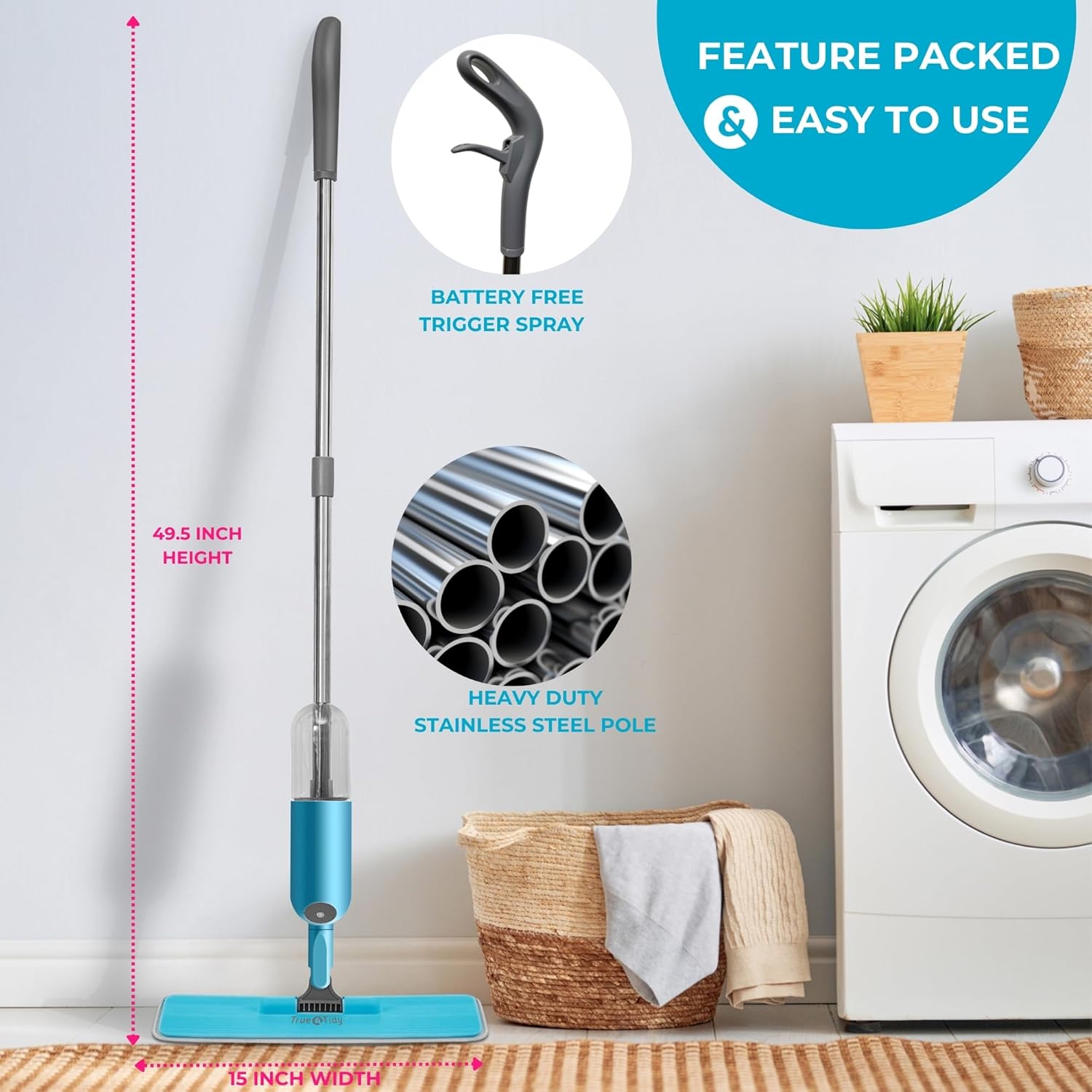 True & Tidy® SPRAY-250 Multi-Surface Spray Mop with Refillable Water Bottle for Floor Cleaning, Works on Wood, Tile, Marble etc, Use Any Cleaning Solution, Machine Washable Microfiber Mop Pads, Blue