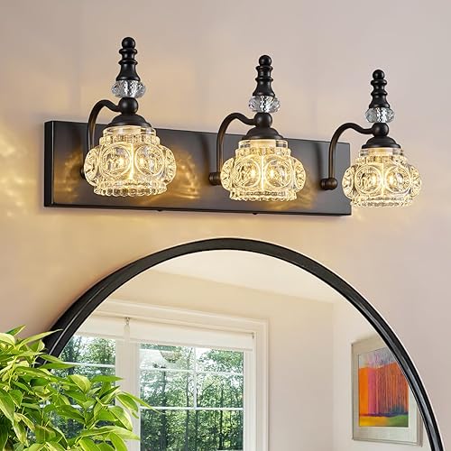 Moderna lámpara de cristal para tocador de baño, color negro, vintage, 3 luces, cristal