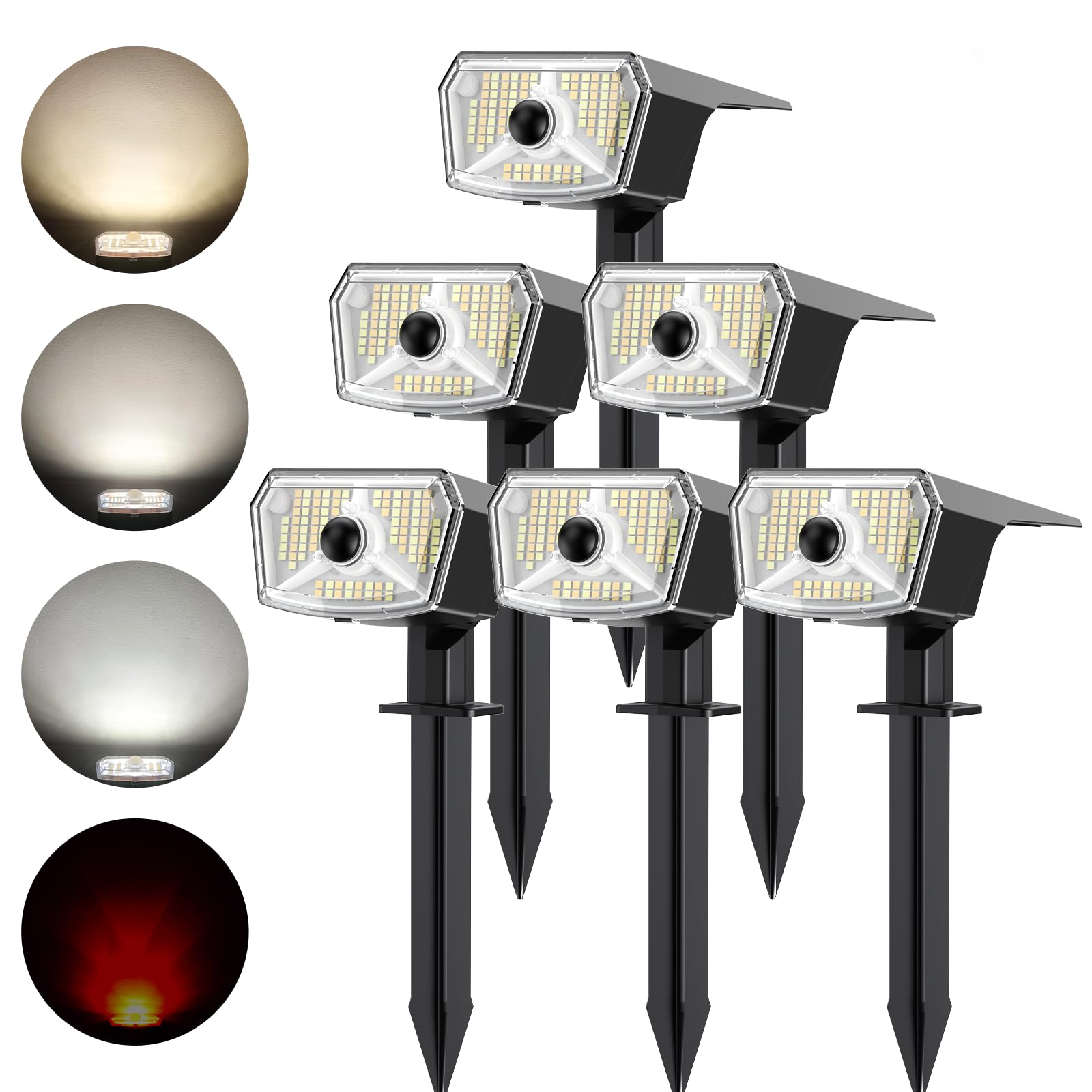 TECKNET 106 LED Solar Spot Lights Outdoor with Motion Sensor, 3-Color Tunable, IP67 Waterproof Auto On/Off for Garden Yard Pathway, 6 Pack [Energy Class A]