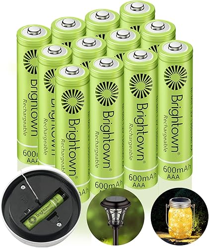 Brightown Paquete de 12 baterías AAA recargables, baterías solares triple A de 600 mAh NiMH precargadas para luces solares y dispositivos