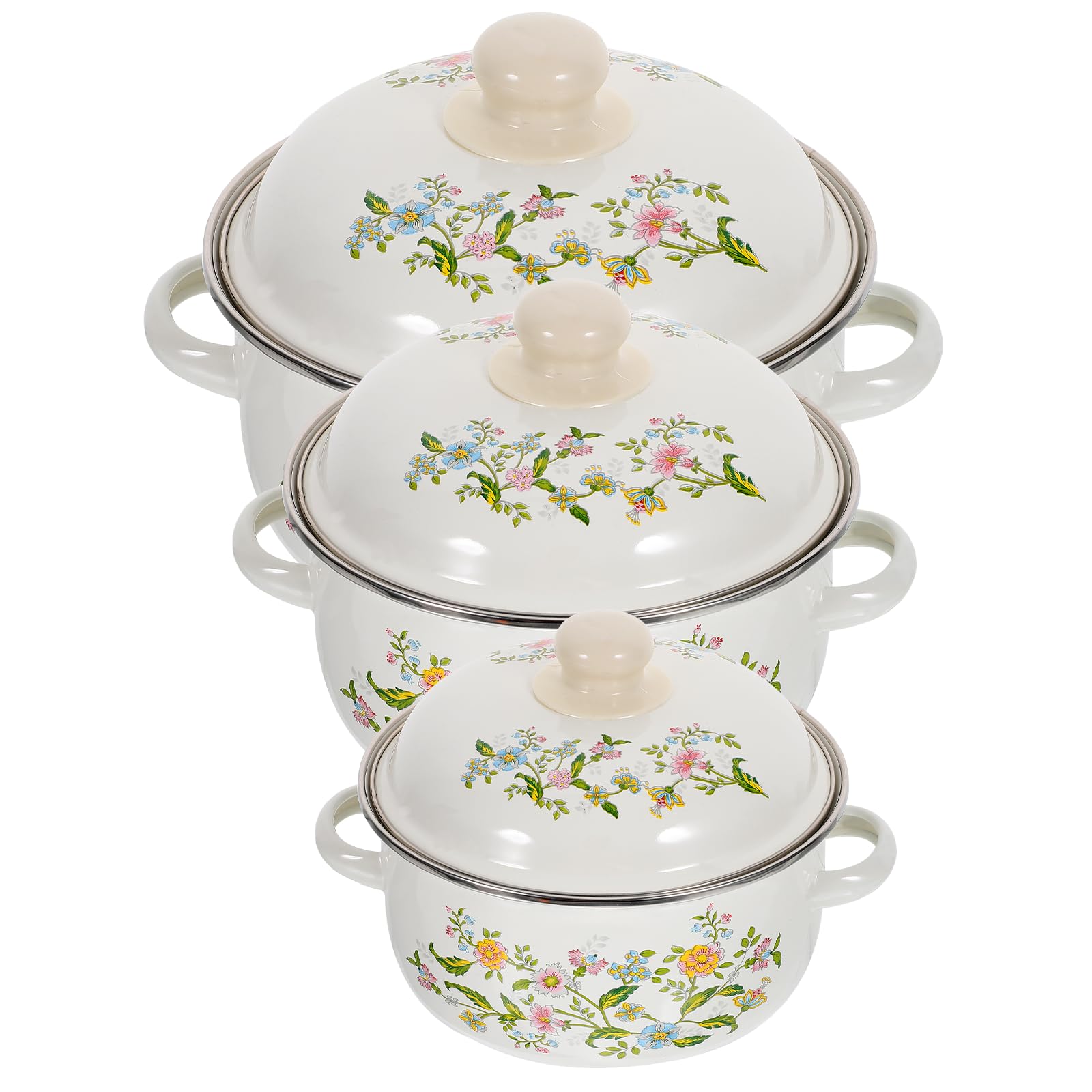 POPETPOP Emaille Kochtopf Emaillierte Küchentöpfe mit Ergonomischen Griffen 3 Stück Multifunktionale Kleine Suppentöpfe für Babyernährung und Salate