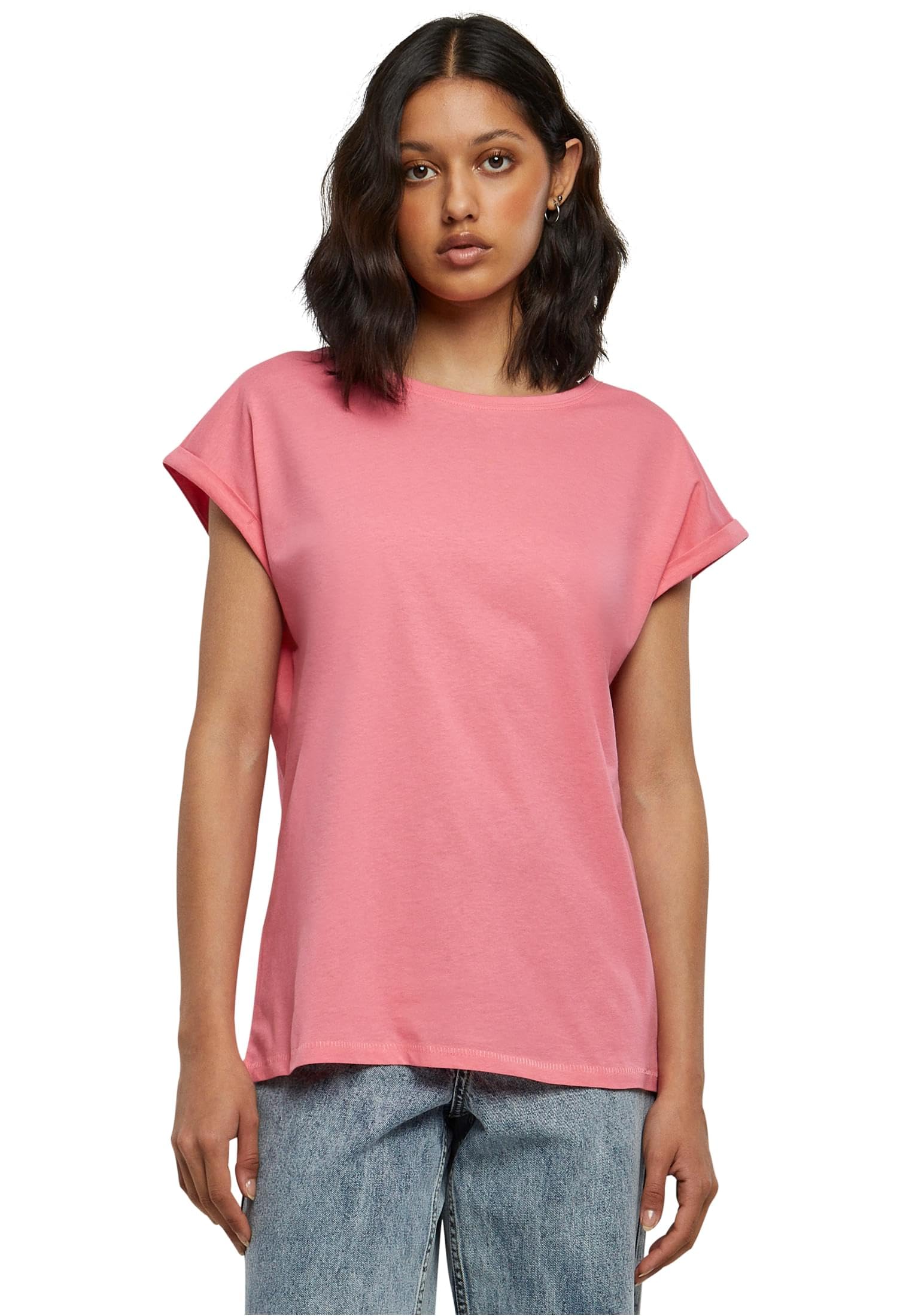 URBAN CLASSICS t-shirt da Donna con Manica Arrotolata, Maglietta a Maniche Corte da Donna in Cotone, Tee Shirt con Scollo Rotondo e Spalle Arrotondate, Colore: Rosso Ciliegia, Taglia: XXL