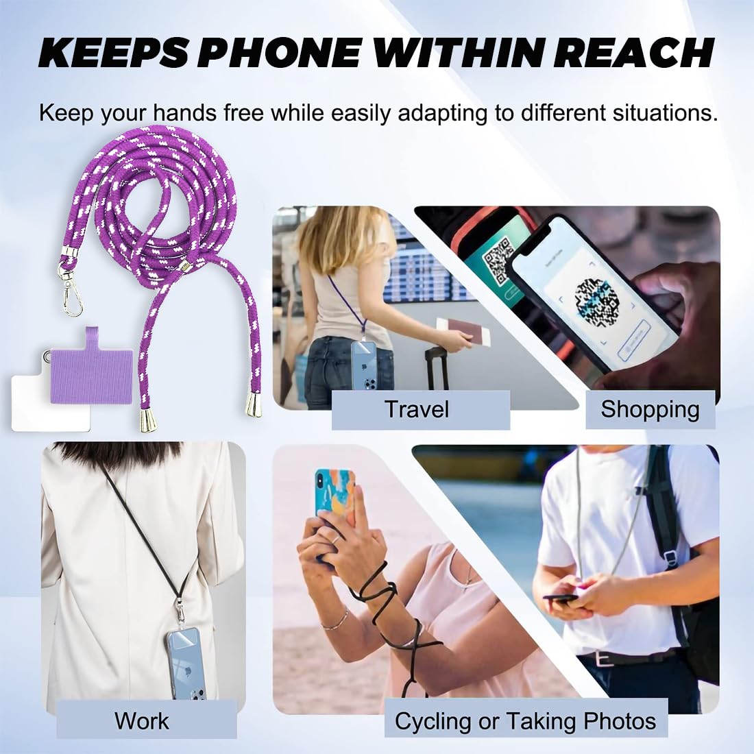 Cordino Per Telefono Regolabile Con 2 Patch - Tracolla Universale, Bianco E Nero